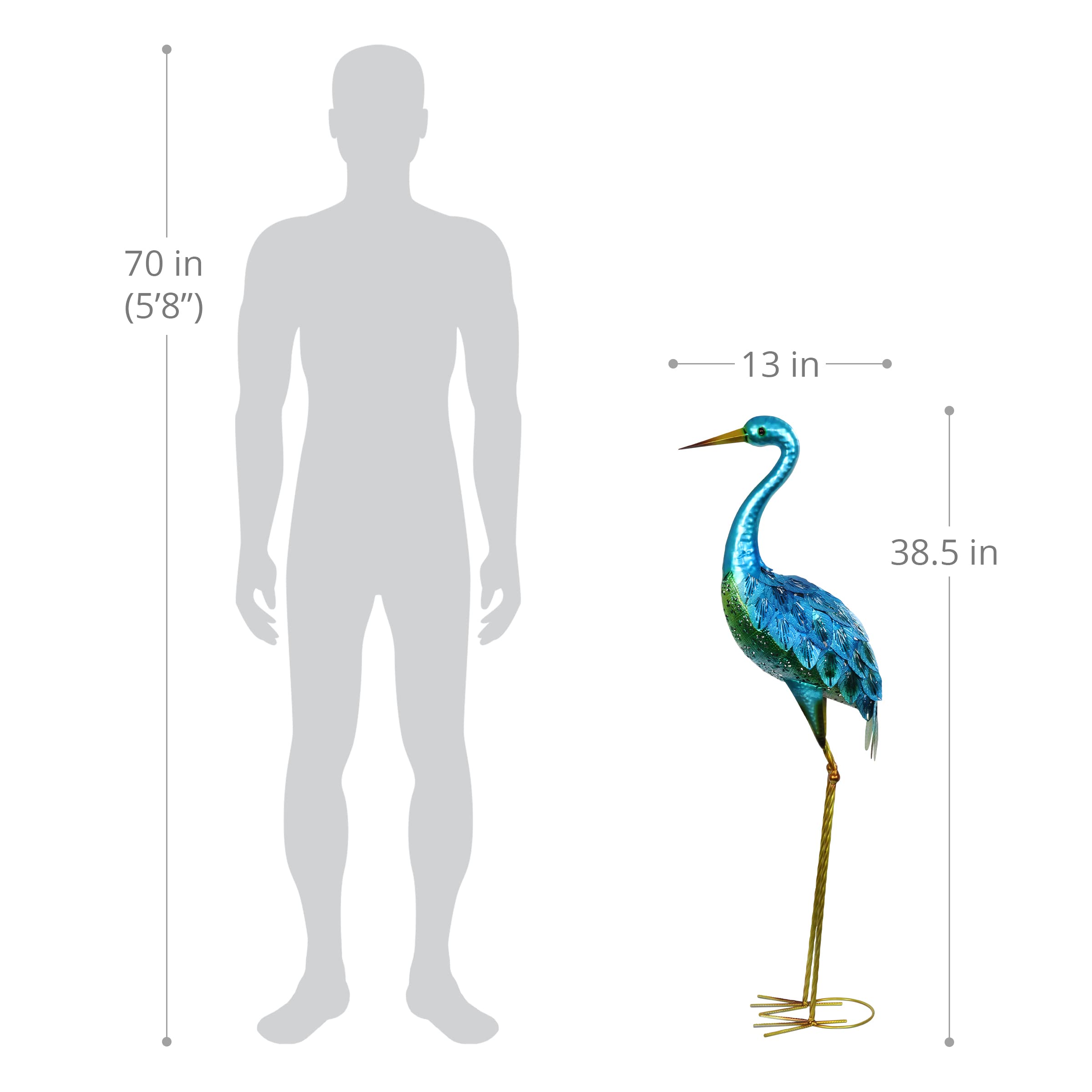 Exhart Coastal Blue Crane Garden Statue - 13 x 7 x 38.5 Inch Stamped Metal Outdoor Decor for Patio, Yard & Beach House Landscaping