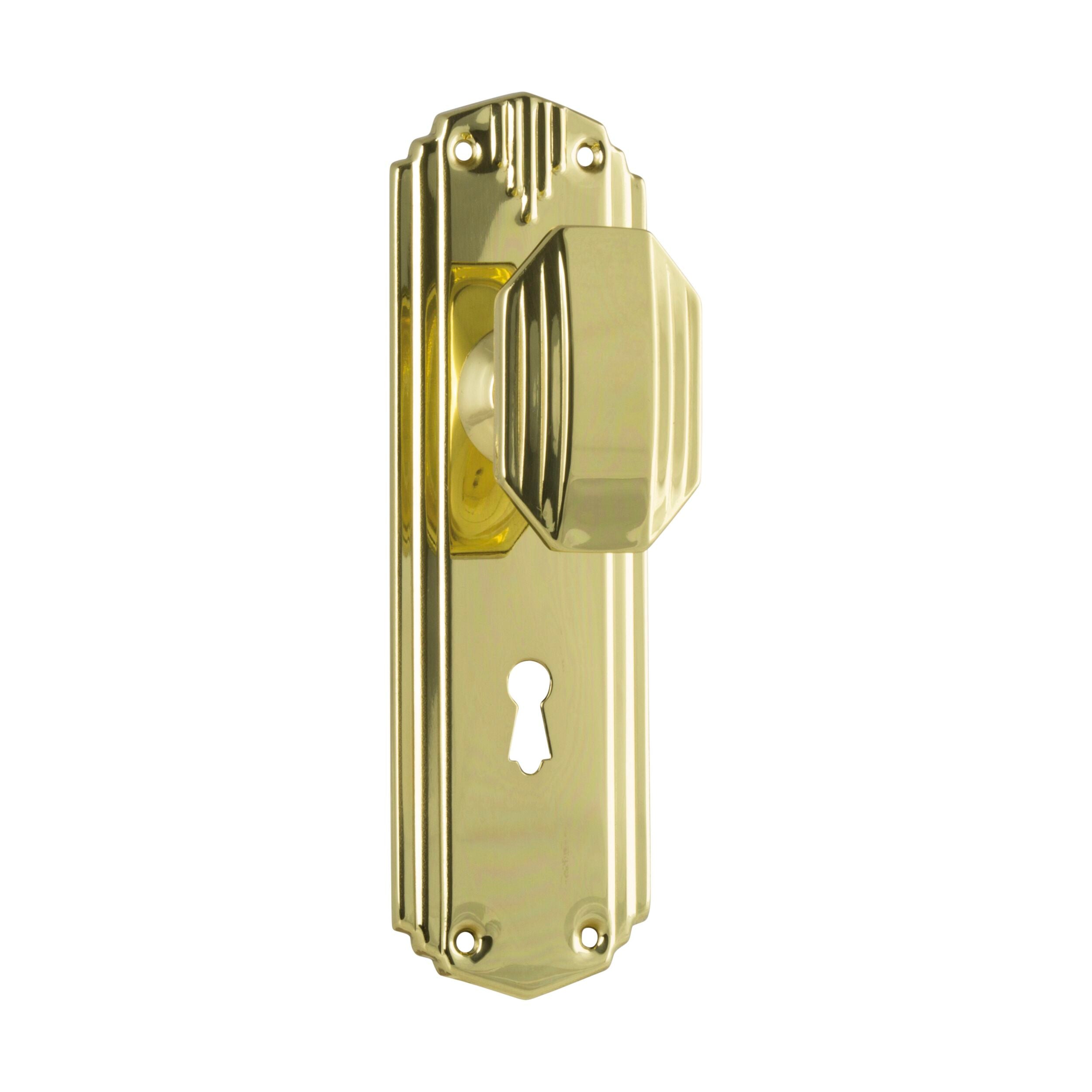 Vintage Art Deco Door Knob Set - Polished Brass Finish - 178mm Height x 54mm Width - Perfect for Victorian & Retro Home Decor - Ideal for Bedrooms, Living Rooms & Office Doors