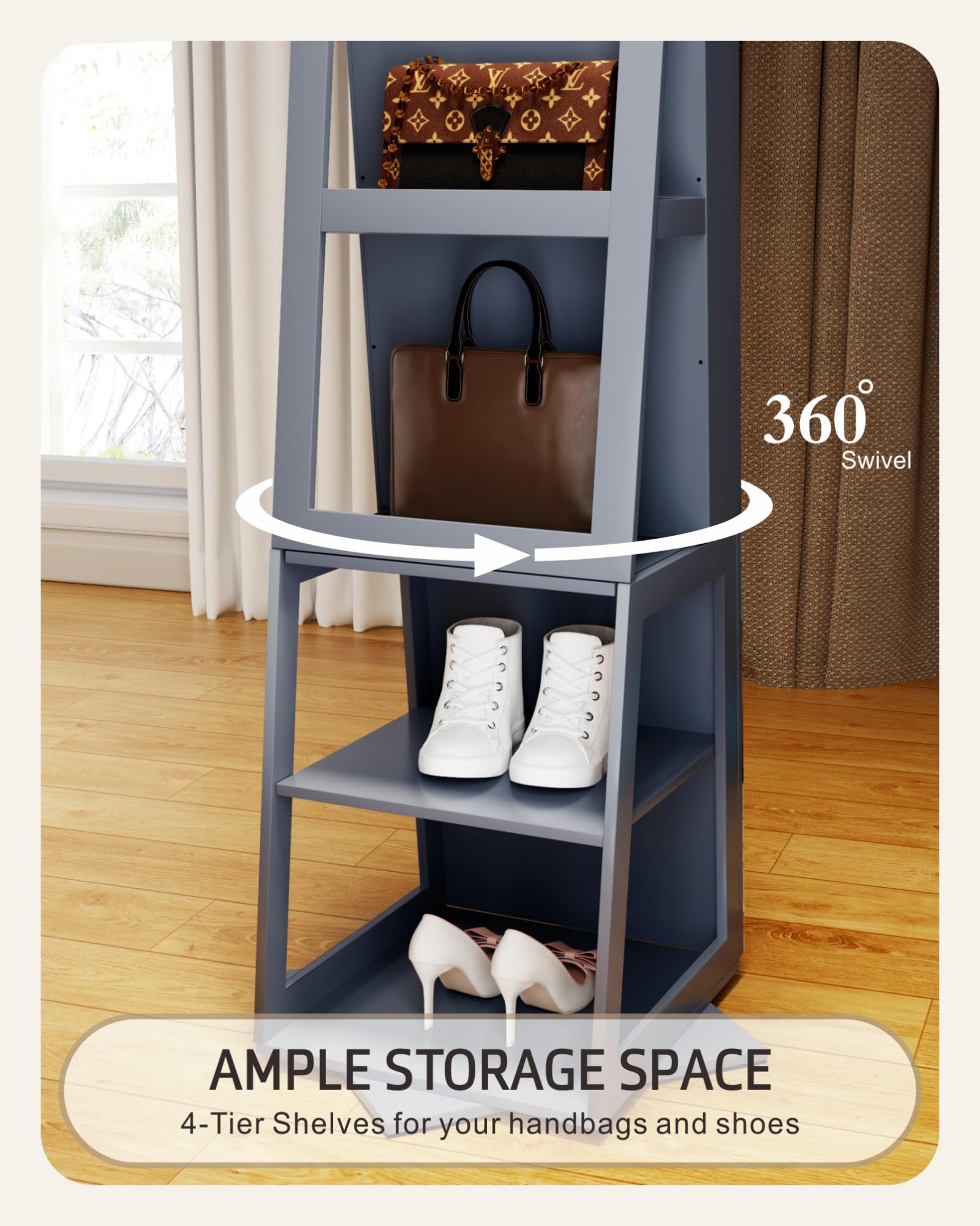 360° Swivel Full-Length Jewelry Cabinet with Mirror & LED Lights - 4-Tier Storage Organizer, Jewelry Armoire with Shelves - Space-Saving Standing Mirror for Bedroom, Closet & Dressing Room (Gray)