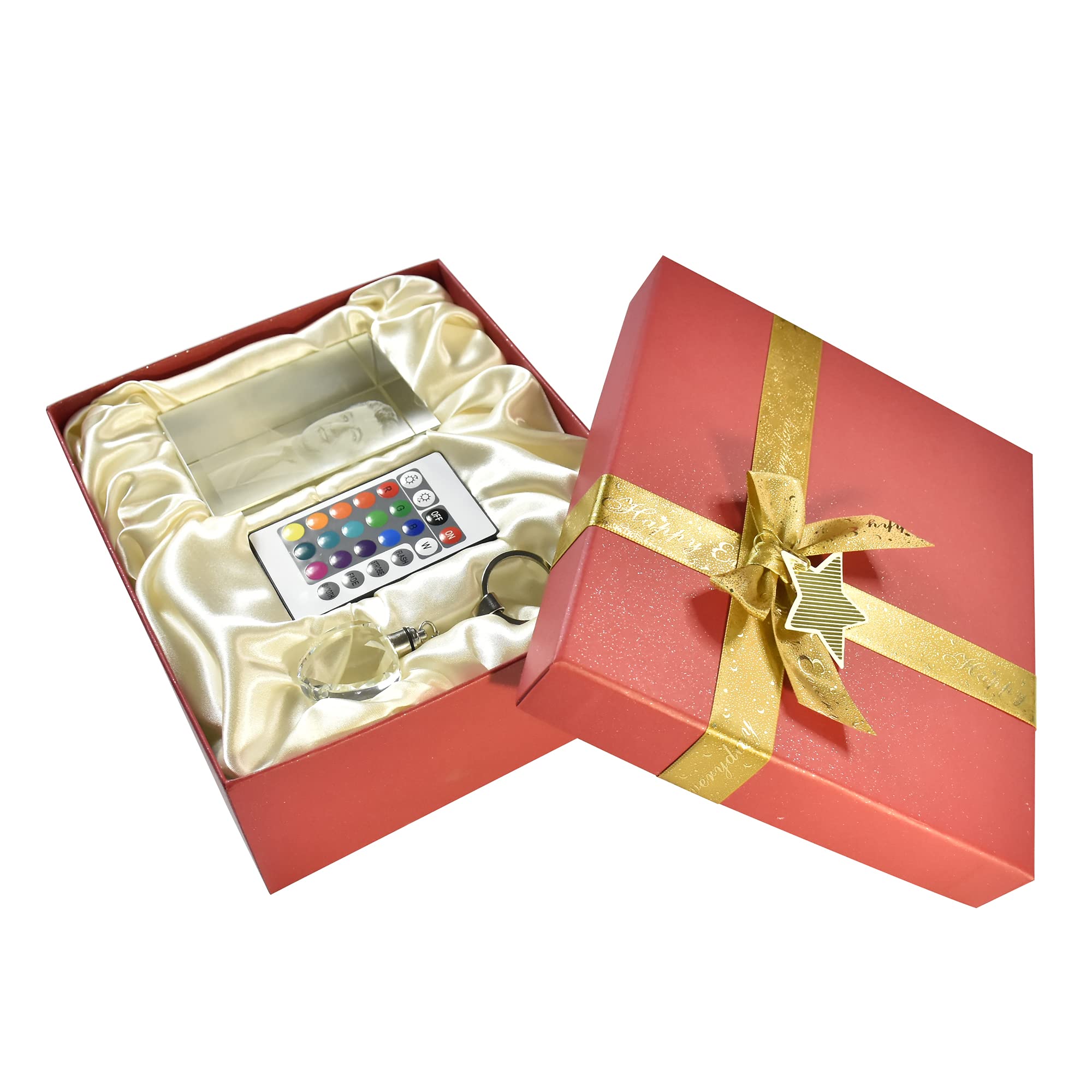 Custom 3D Crystal Photo Cube with Black Wooden Base & Warm White LED Lights - Personalized Gift Set with Free Keychain - Perfect for Anniversaries, Weddings, and Home Decor