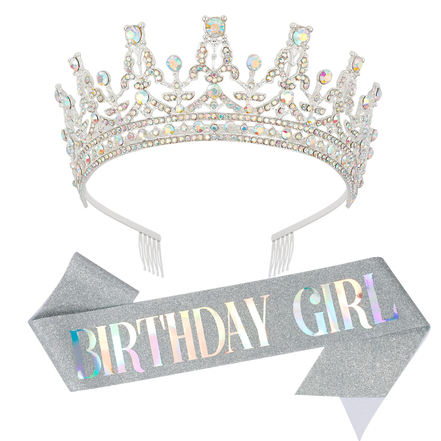 SuPoo Silver Birthday Crown & Sash Set for Women - Rhinestone Tiara with Comb, Quinceanera Princess Party Decor, Birthday Girl Accessories | Perfect for Birthday Parties, Quinceaneras, Princess Themed Events & Special Celebrations