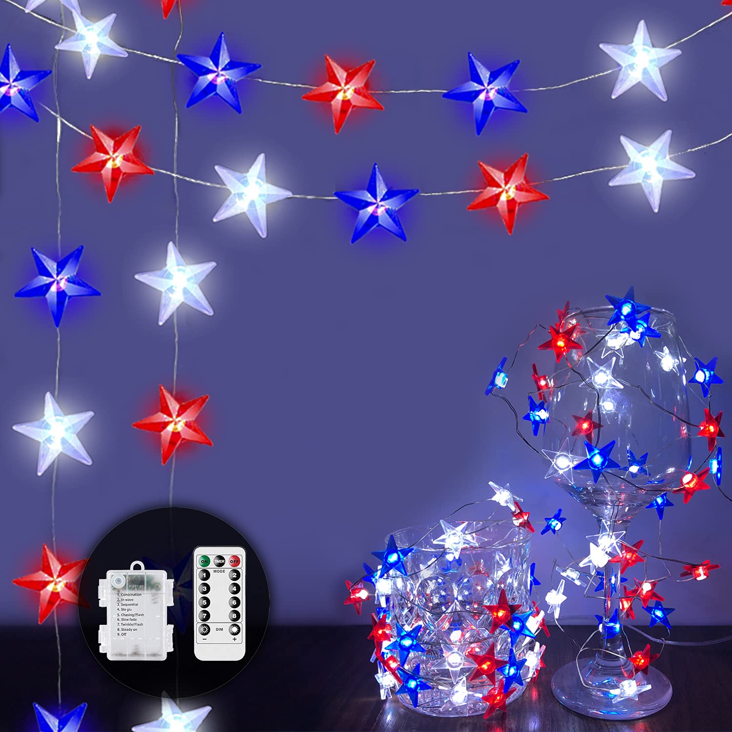 2 Pack Red White Blue LED Star String Lights - 20ft 80 LED American Flag Patriotic Lights for 4th of July, Independence Day, Memorial Day Decorations | Indoor & Outdoor Party, Backyard, Garden, Porch, Window, Christmas Tree Decor