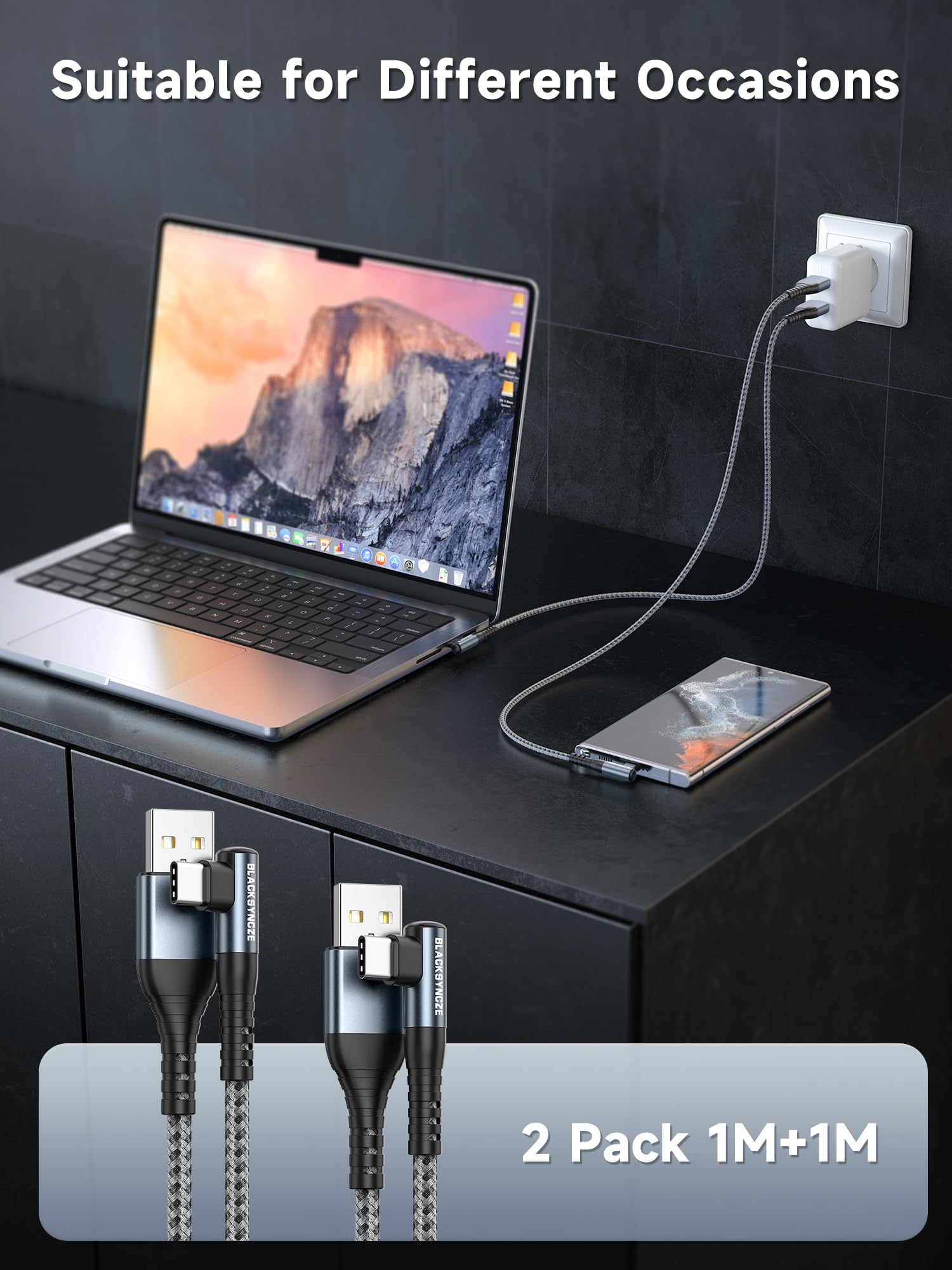 BLACKSYNCZE USB C Fast Charging Cable [2-Pack 3.3ft] - 3.1A Braided Type C Charger Cable with Right Angle for iPhone 15/15 Pro Max, Samsung Galaxy S23/S22/S21, Huawei, OnePlus, Xperia, LG - Perfect for Travel, Home & Office Charging