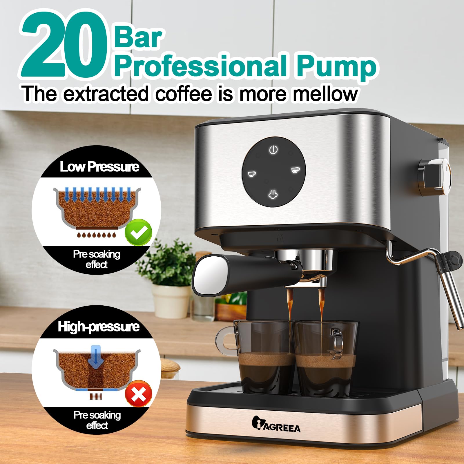 IAGREEA 20 Bar Espresso Machine with Milk Frother - 50oz Water Tank, Stainless Steel Coffee Maker for Cappuccino & Latte - Home Barista Gift for Mom & Dad - Perfect for Morning Brews & Entertaining Guests