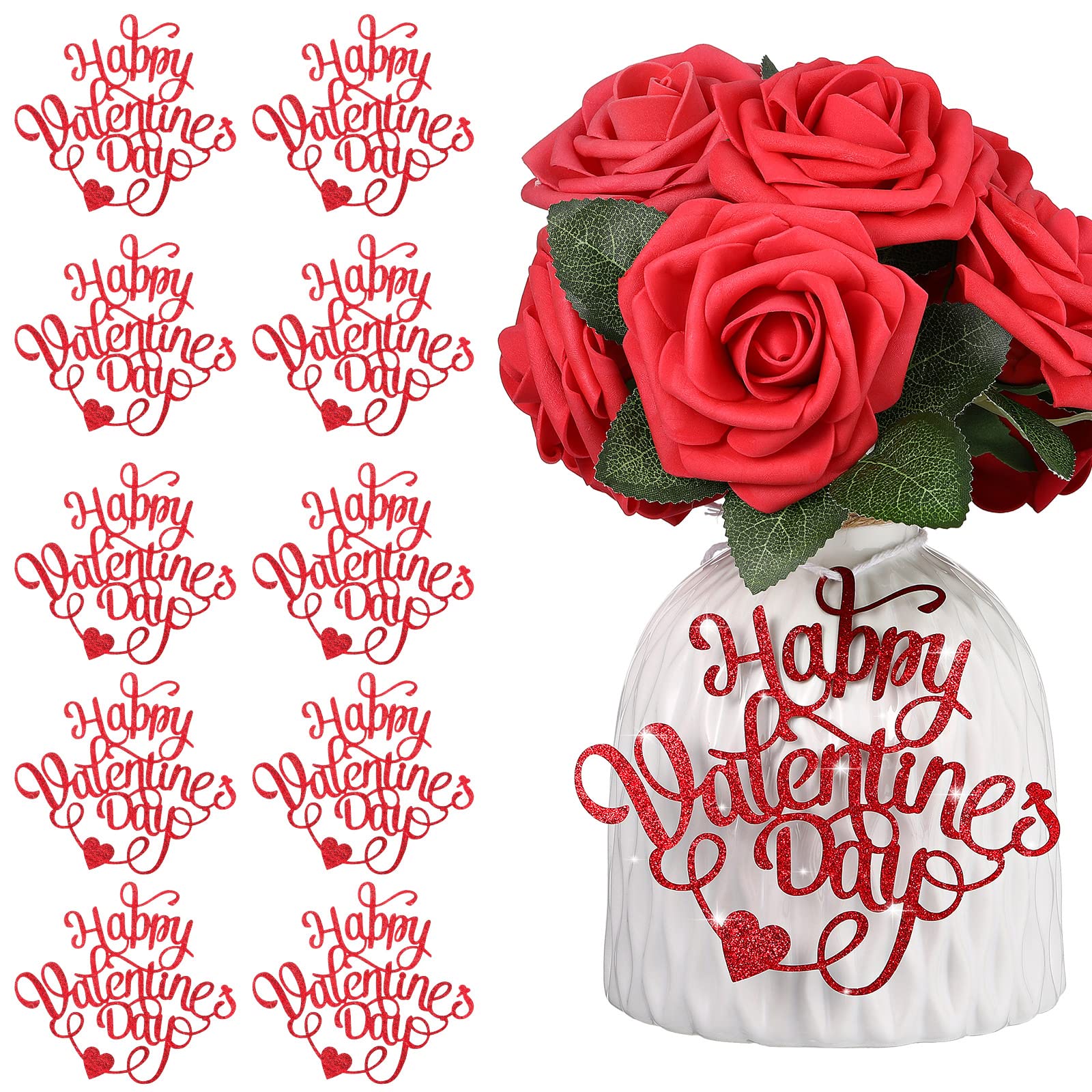 10 Pcs Valentine's Day Decorations - Red Glitter Cutouts, Banner, Jar Tags, Vase Tags with Burlap Rope - Perfect for Wedding, Anniversary, Proposal & Party Decor - Romantic Home & Event Centerpieces