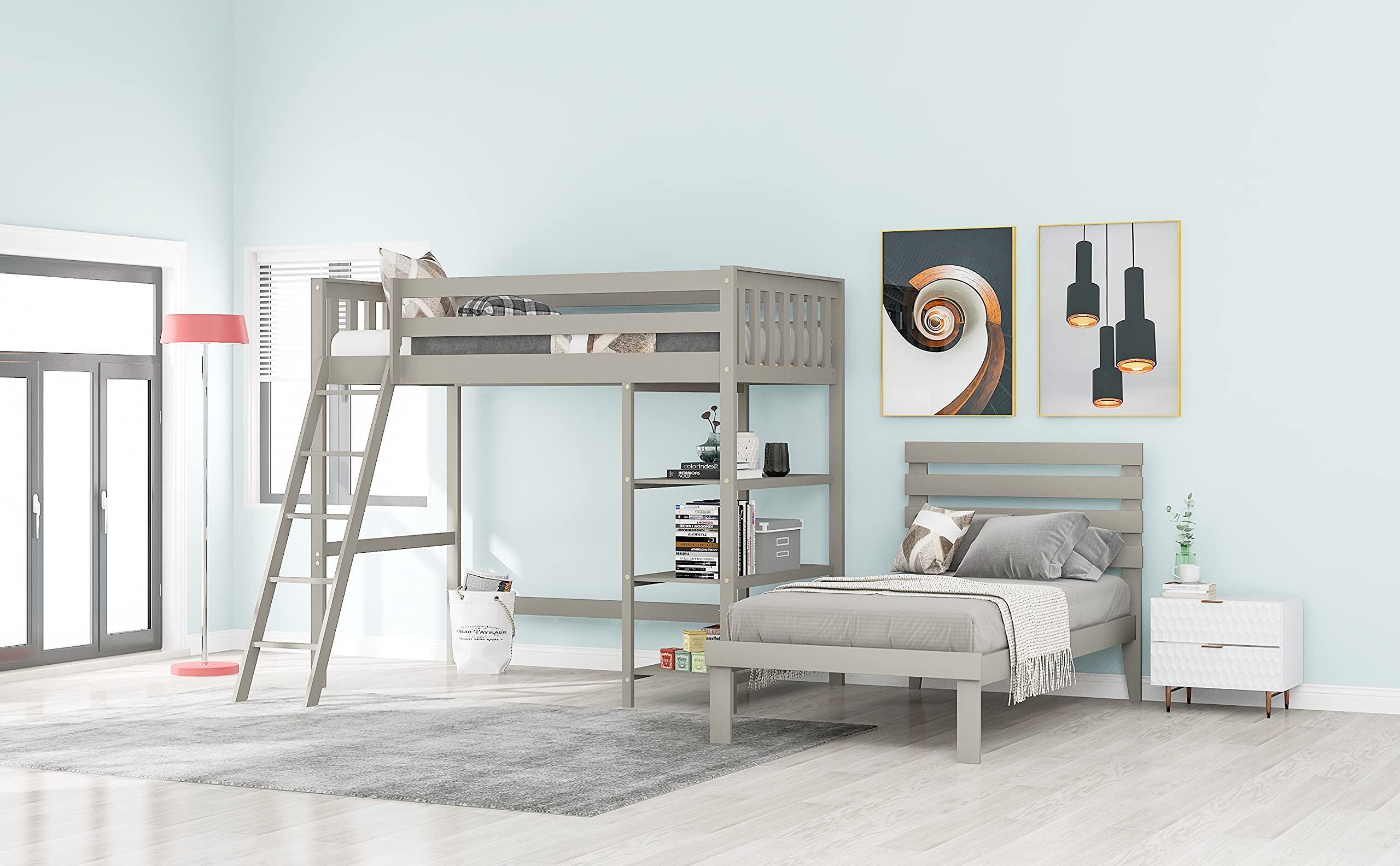 Solid Wood Twin Size Loft Bed Frame with Twin Platform Bed, 3 Storage Shelves & Safety Guardrail - Space Saving Kids & Teens Bedroom Furniture for Small Rooms (Gray) - Perfect for Dorms, Apartments & Shared Kids' Rooms