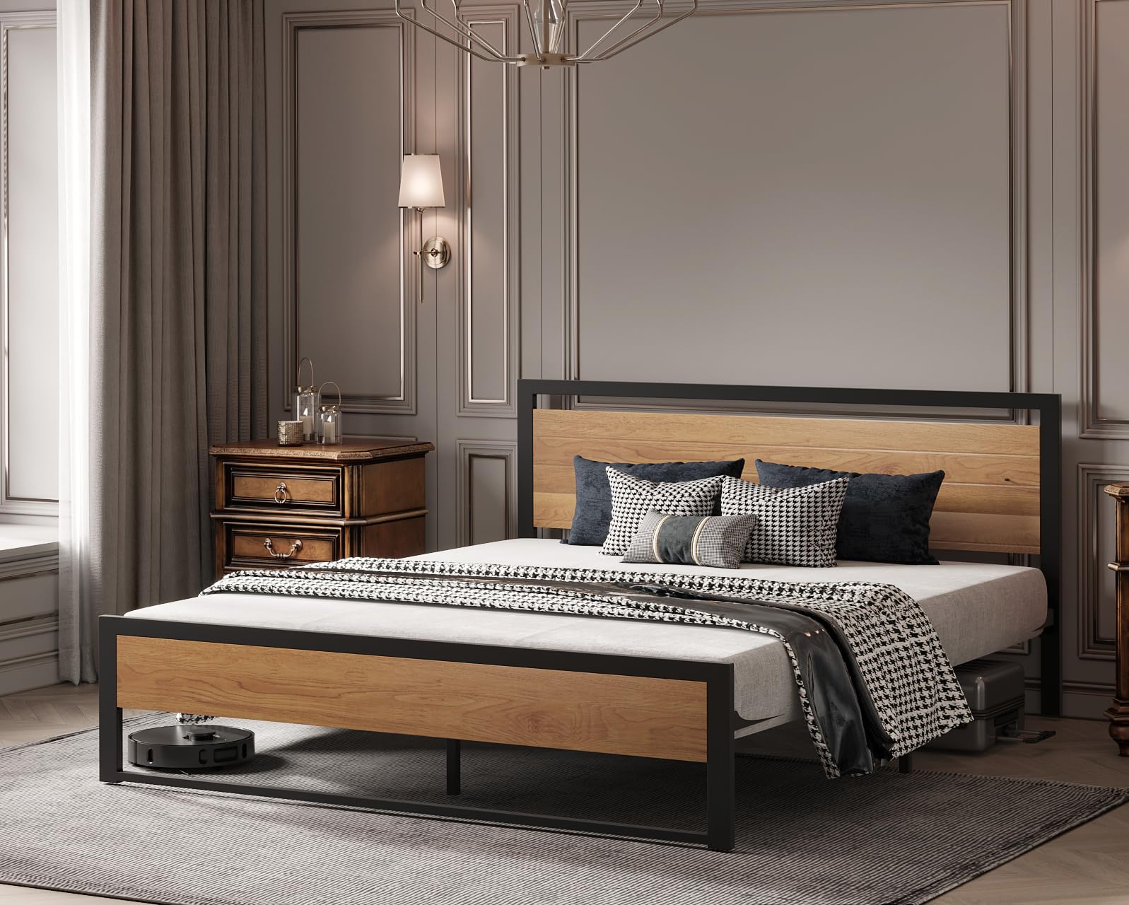 BONSOIR King Size Bed Frame - Sturdy Steel Platform with Wooden Headboard & Footboard, Heavy Duty Support for Master Bedroom - Perfect for Home, Apartment, and Guest Room Use
