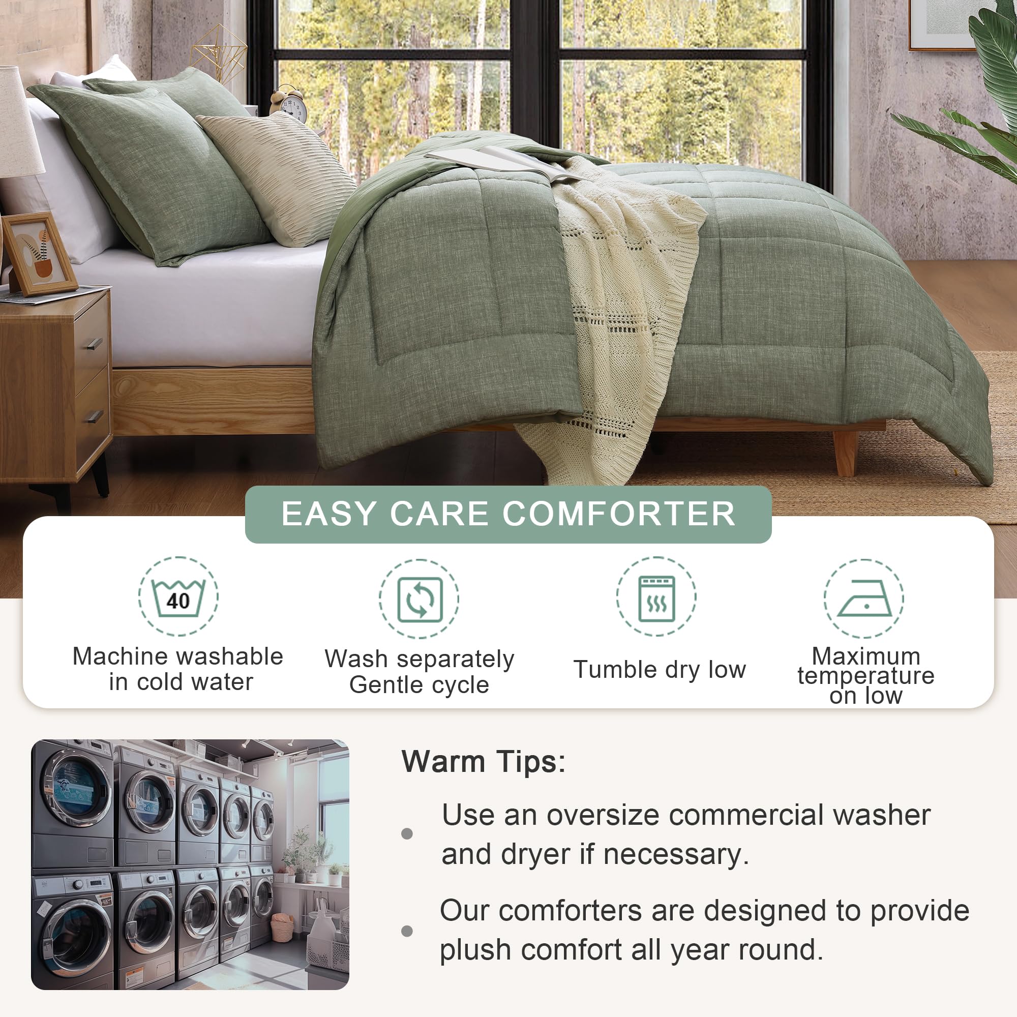 Monbix King Size Comforter Set - Ultra Soft 3-Piece All Seasons Bedding Set with 1 Comforter & 2 Pillow Shams (Sage Green, King 102x90) - Perfect for Master Bedroom, Guest Room & Cozy Home Decor