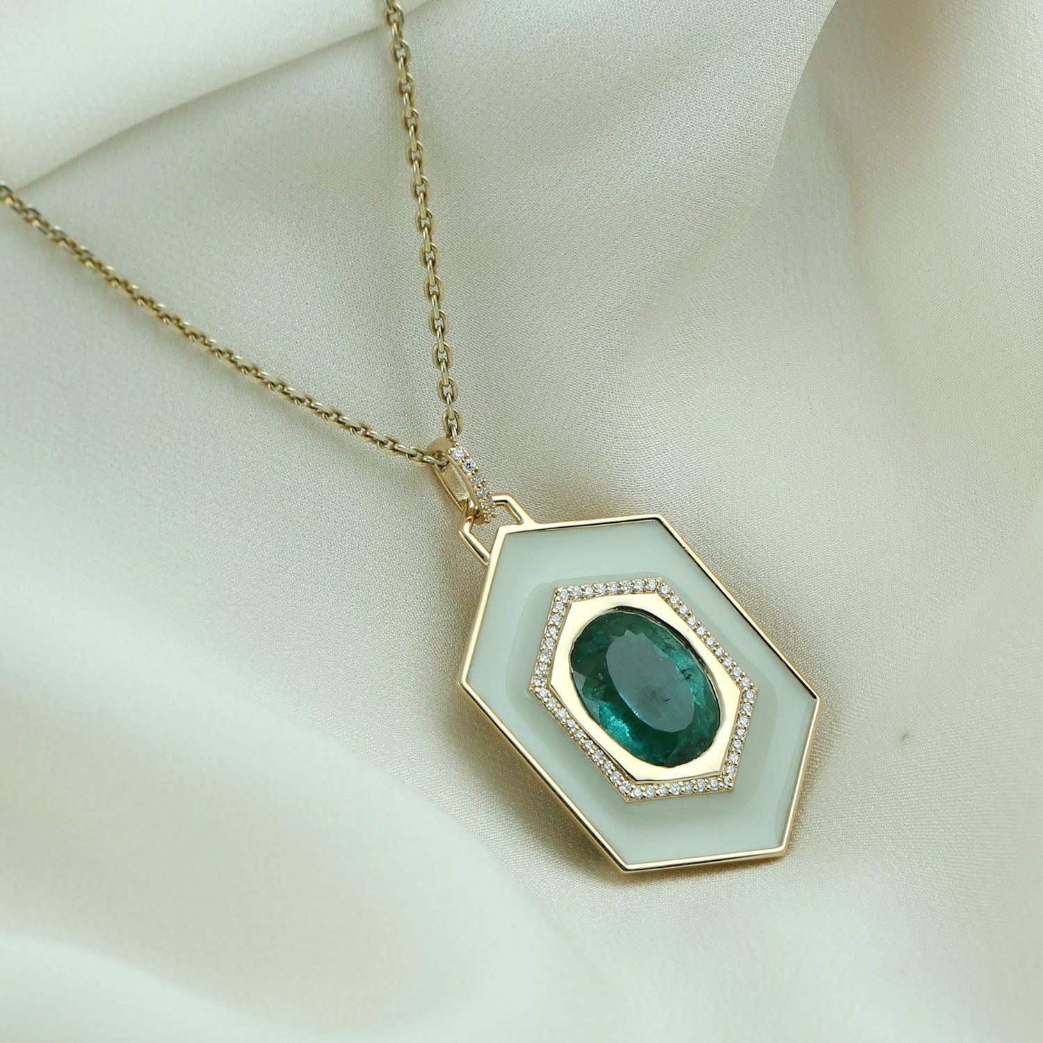 18K Yellow Gold Green Tourmaline Micro Pave Diamond Hexagon Enamel Pendant Necklace - Elegant Jewelry Gift for Women, Perfect for Weddings, Anniversaries & Special Occasions