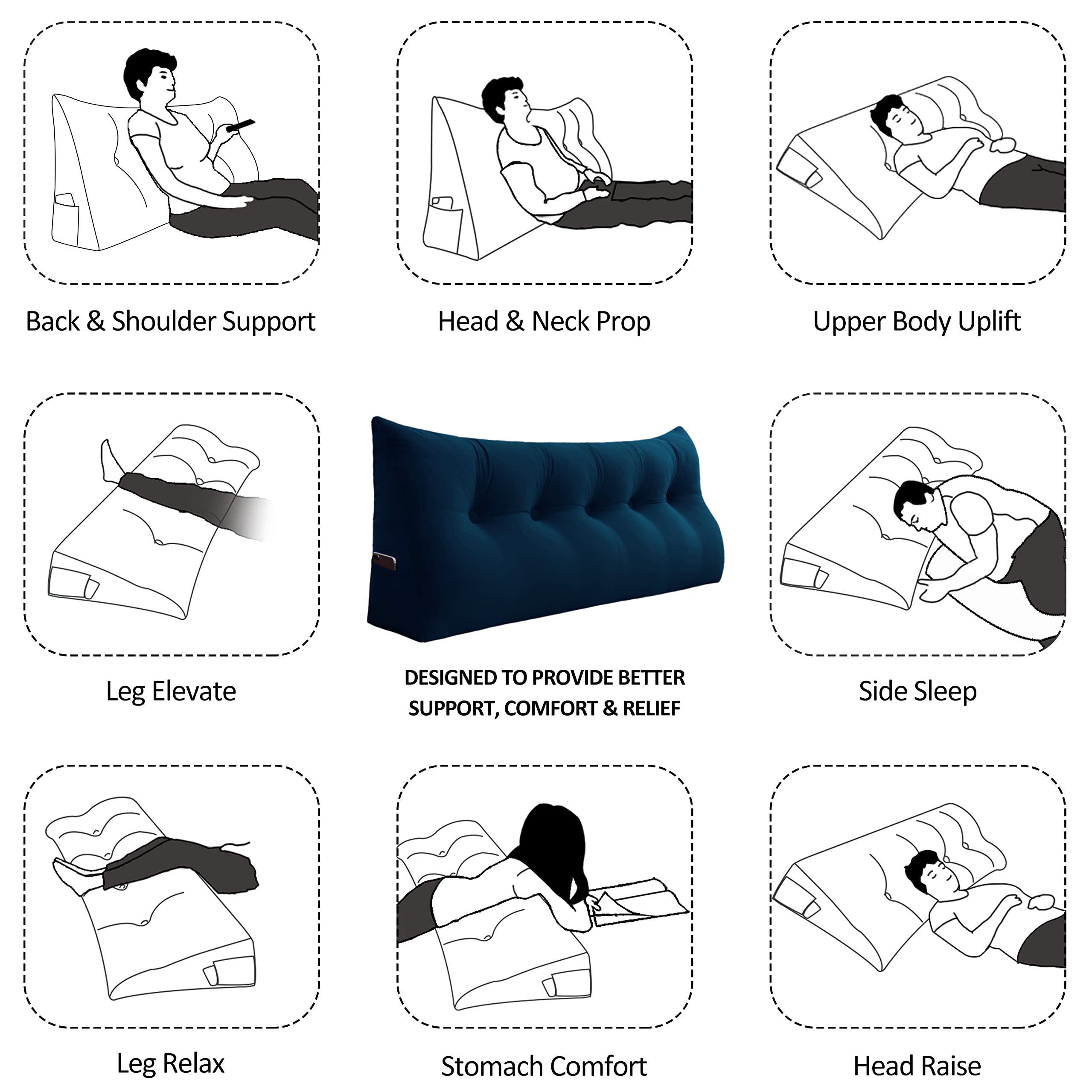 **Johnear Large Velvet Wedge Headboard Pillow - Triangular Backrest Cushion for Sitting in Bed, Lumbar Support & Reading - Dark Blue Twin Size | Perfect for Daybeds, Reading Nooks & Back Support**