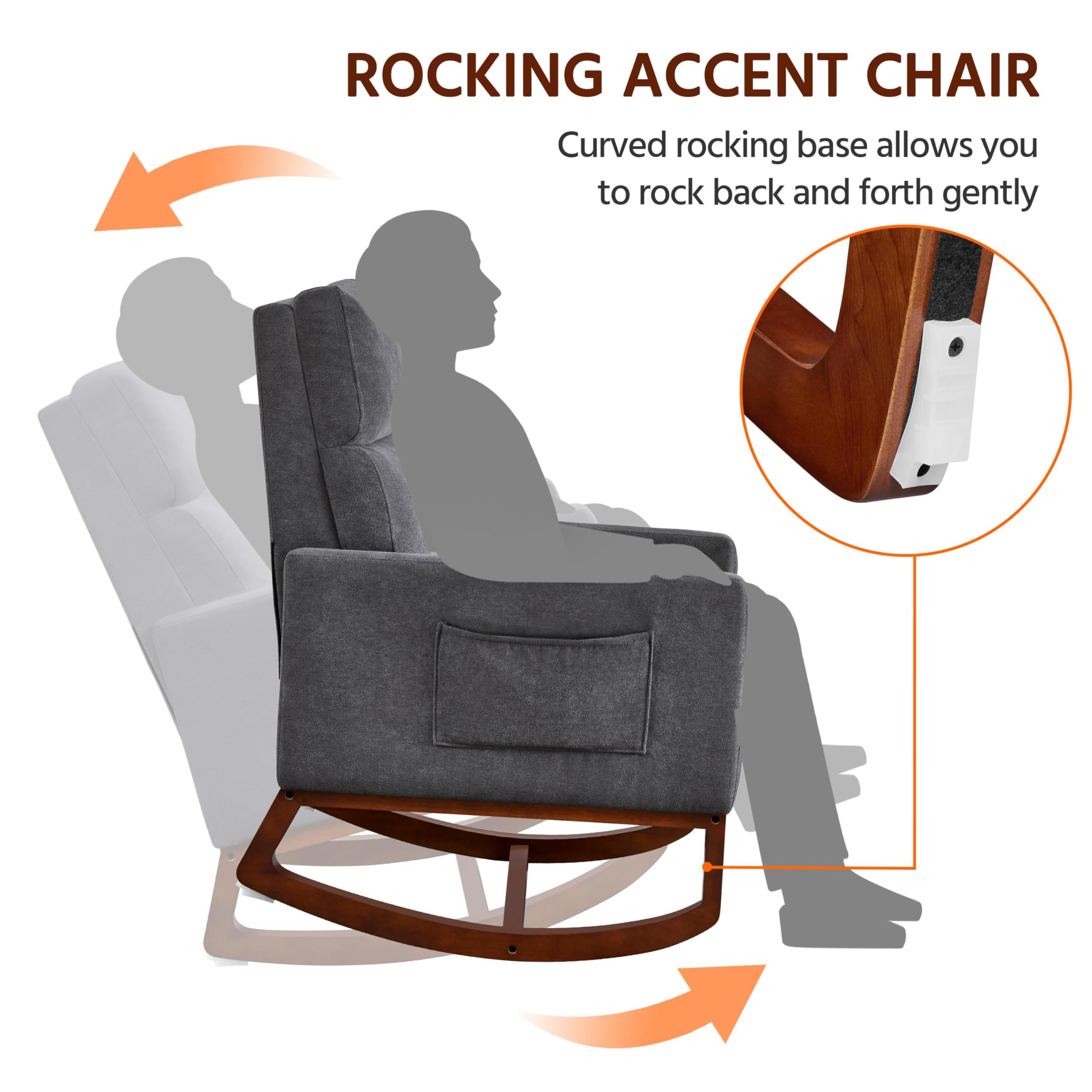 Yaheetech Upholstered Glider Rocking Chair with Side Pocket - High Back Nursery Chair with Rubber Wood Legs - Comfortable Accent Armchair for Living Room, Bedroom & Nursery (Gray) - Perfect for Nursing, Reading & Relaxing