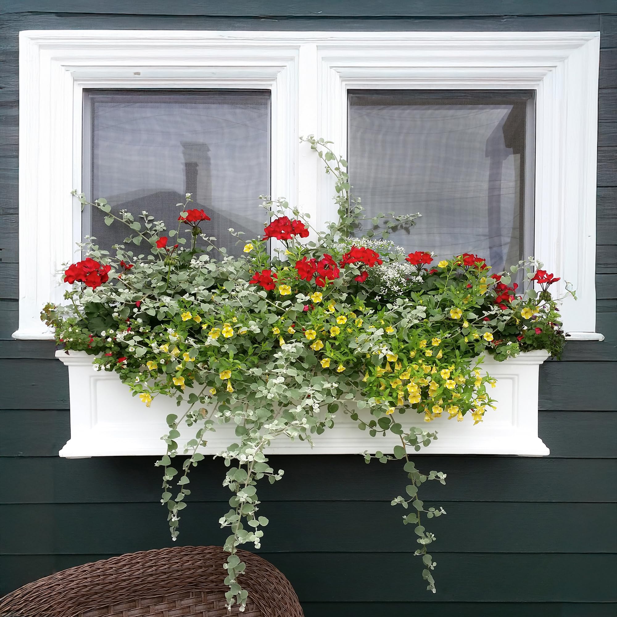 Mayne Fairfield 4ft White Window Box Planter - Durable Self-Watering Resin Flower Box with Wall Mount Brackets - Outdoor Garden Decor for Windows, Balconies & Patios (5823-W)