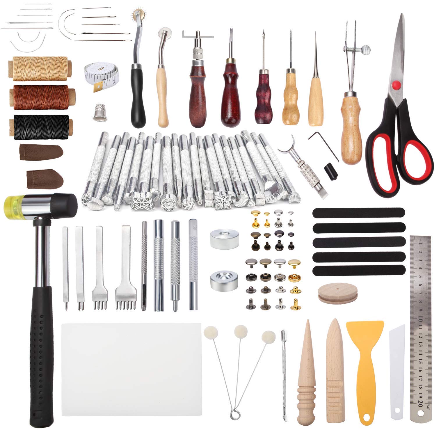 Dorhui 194-Piece Leather Crafting Kit with Stamping Tools, Cutting Mat, Snaps, Rivets, Stitching Groover & Prong Punch – Complete DIY Leatherworking Set for Saddle Making, Bag Repair & Leather Art Projects