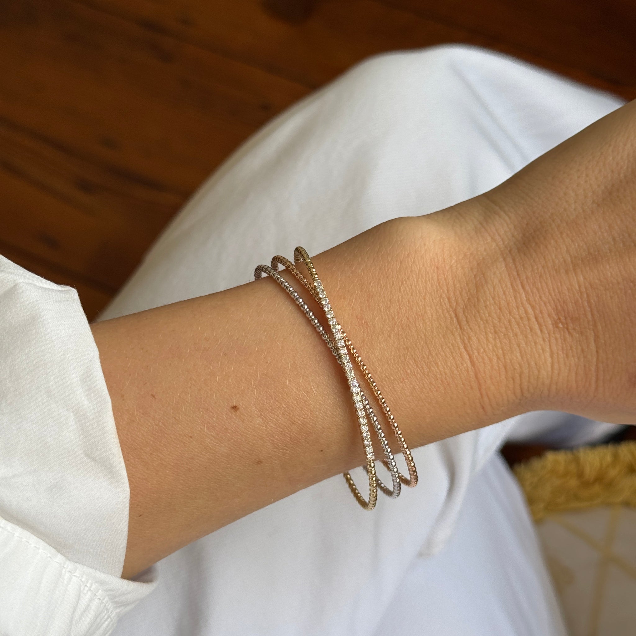14K Gold Diamond Crossover Beaded Flexible Triple Bangle Stackable Bracelet for Women - Perfect for Weddings, Parties & Everyday Wear