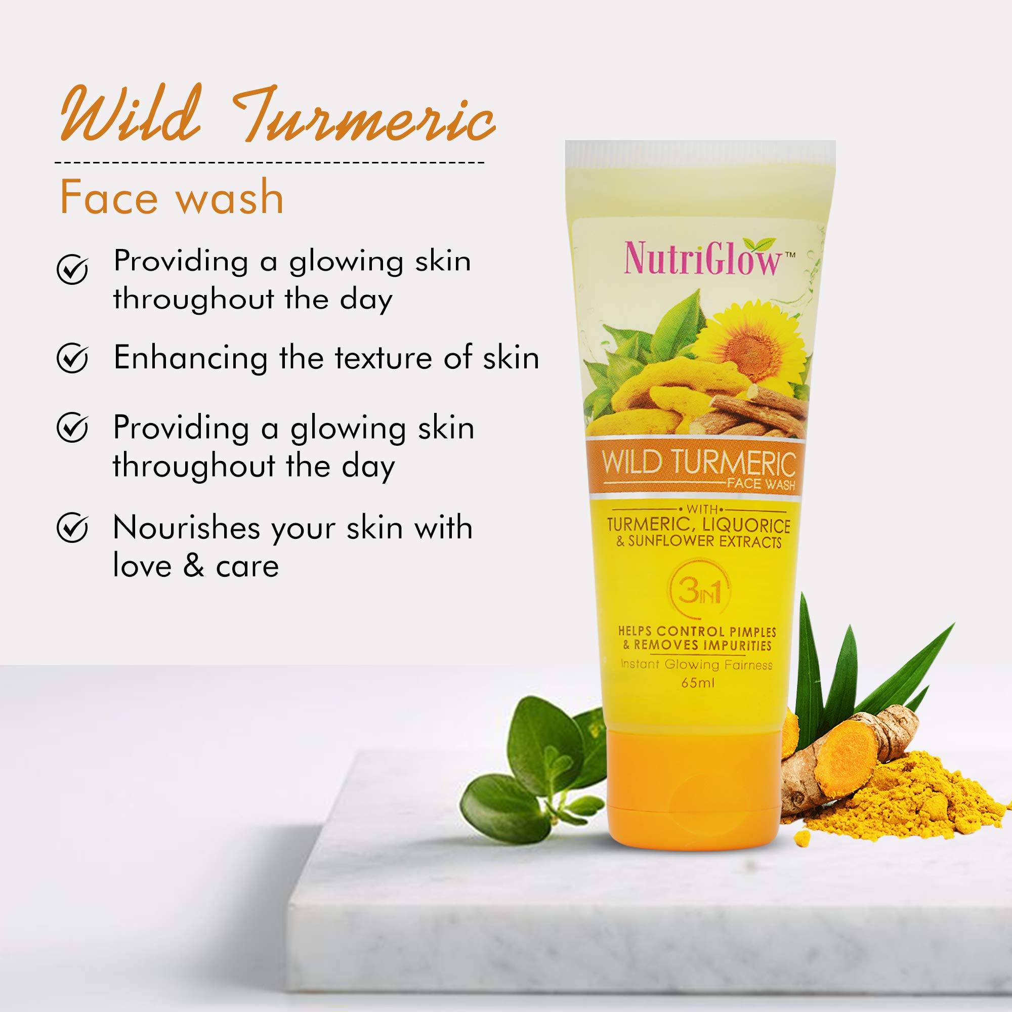 NutriGlow Diamond Radiance Face Wash with Neem, Tulsi & Wild Turmeric - Reduces Pigmentation, Fights Pollution & Dust - 65ml (Pack of 3) - Perfect for Daily Cleansing & Brightening Skin