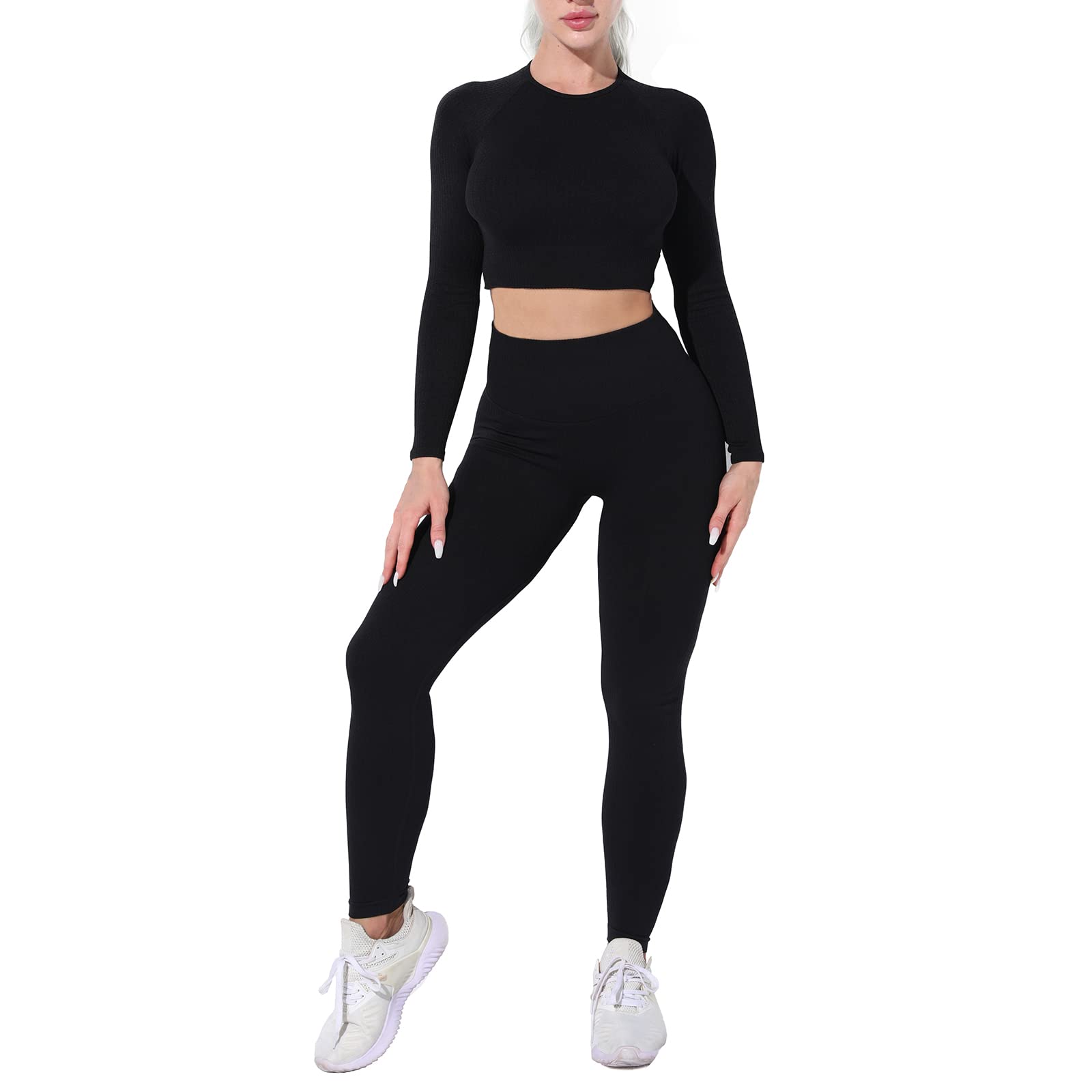 Premium 2-Piece Women's Workout Sets - Long Sleeve Seamless Crop Top & High-Waisted Leggings Gym Outfit | Yoga, Running, Fitness & Lounge Wear