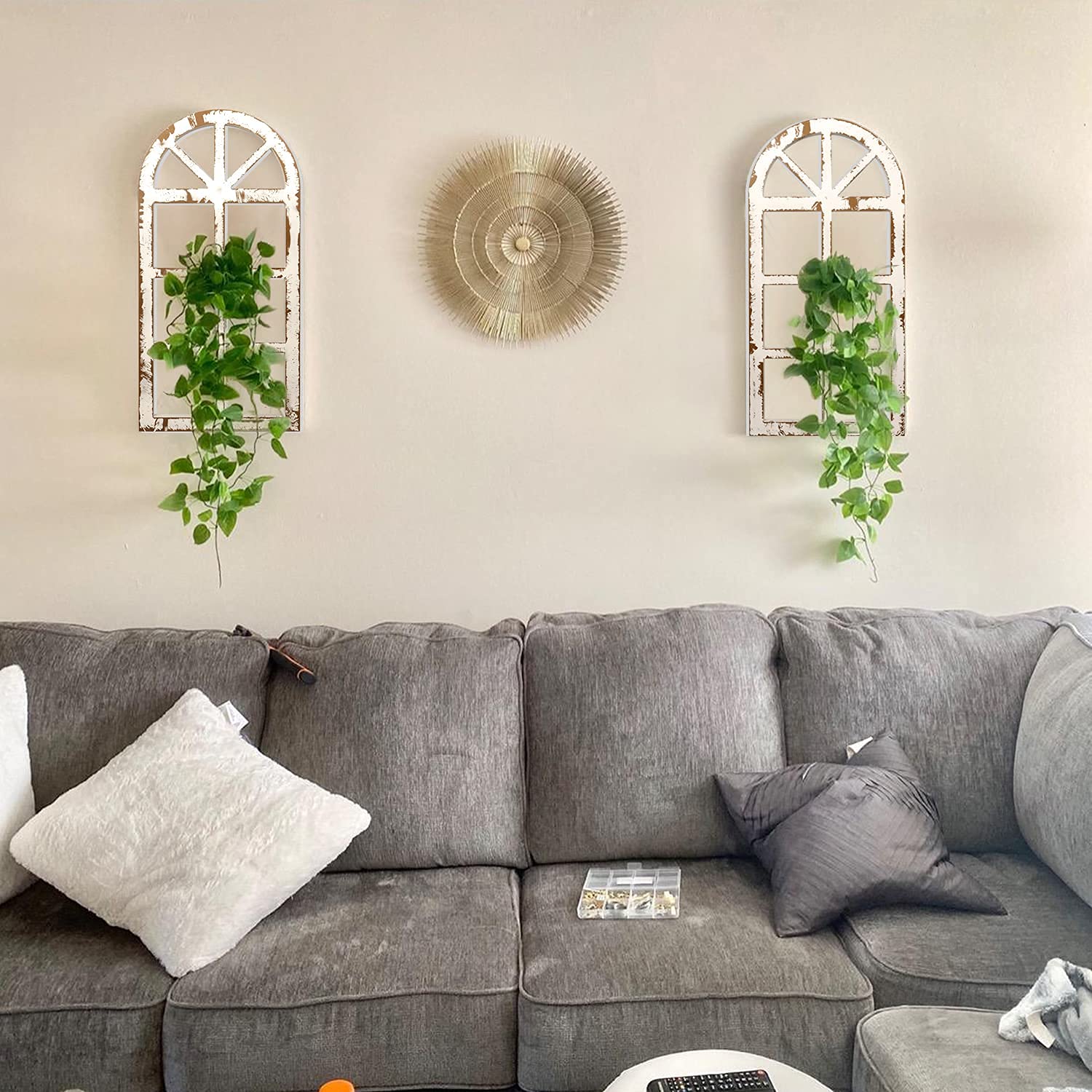 Rustic Wood Window Frame Wall Decor - Farmhouse Style Cathedral Arched Wall Art for Bedroom, Living Room, Kitchen, and Office (Pair)