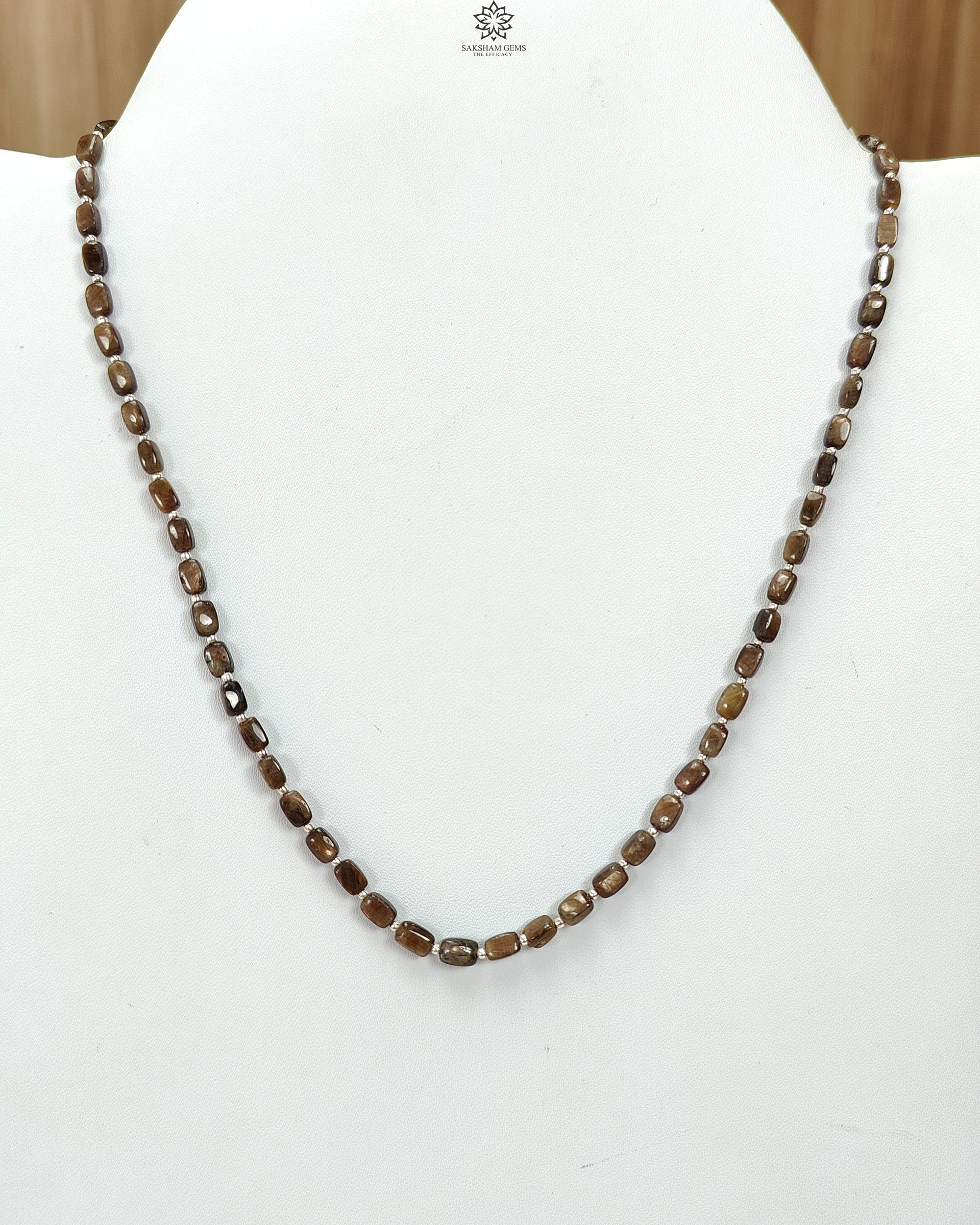 Golden Brown Chocolate Sapphire Gemstone Beads Necklace - 925 Sterling Silver Jewelry with Natural Cushion Cut Sapphires (5x3mm & 6x4mm) - 14.26g Elegant Handmade Necklace for Women, Perfect for Weddings, Parties & Special Occasions