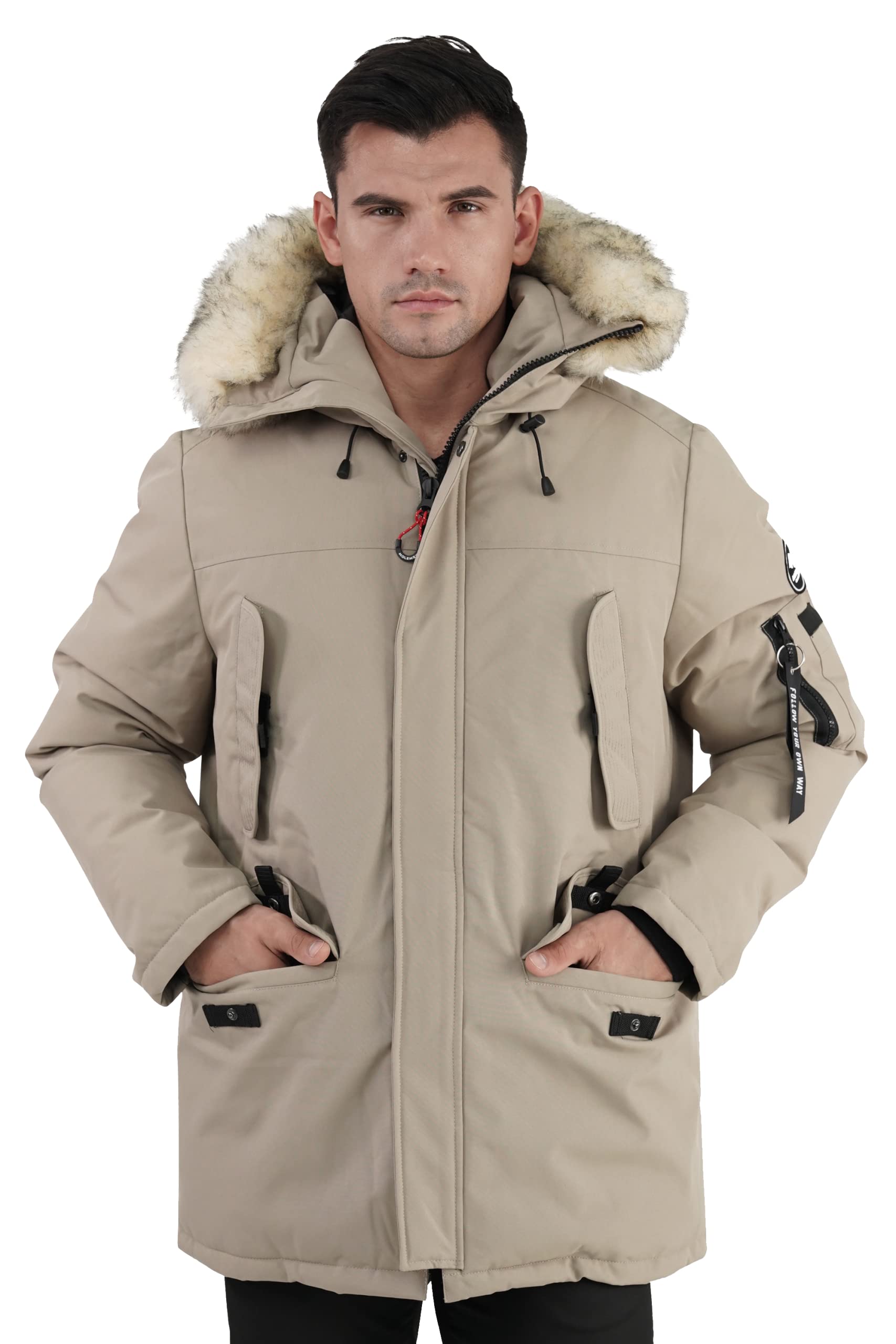 Men's Vegan Down Winter Jacket - Thick Lined Fur Hooded Long Parka Coat for Cold Weather (XS-3XL) | Warm Winter Outerwear for Mountain Hiking, Snowboarding & Daily Commute