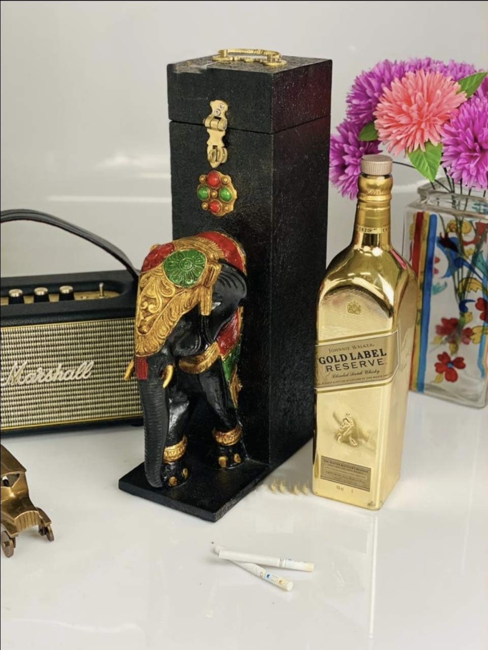 Handmade Black Wooden Elephant Bottle Box - 4.5