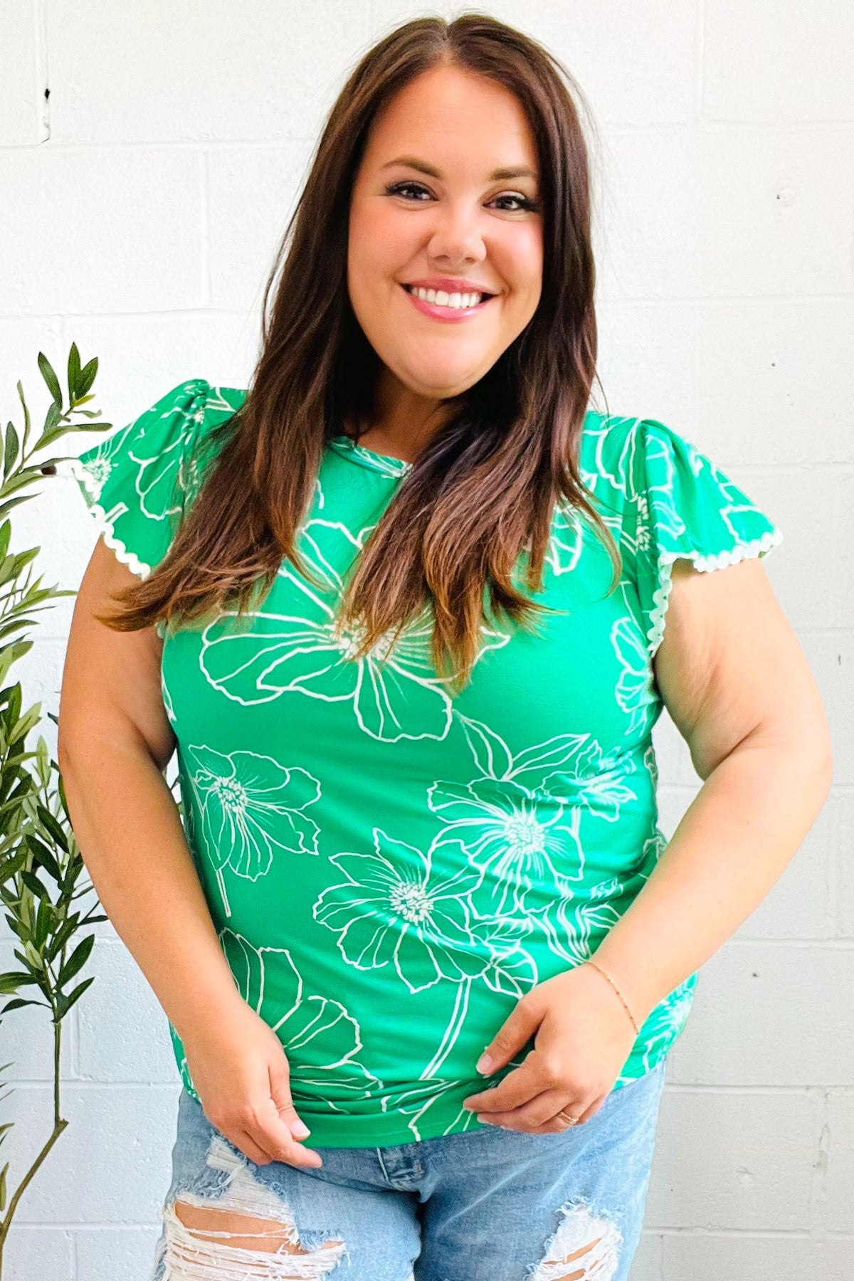 Follow Me Emerald Floral Ric Rac Trim Flutter Sleeve Blouse - Elegant Women's Fashion Top for Parties, Dates & Summer Outfits