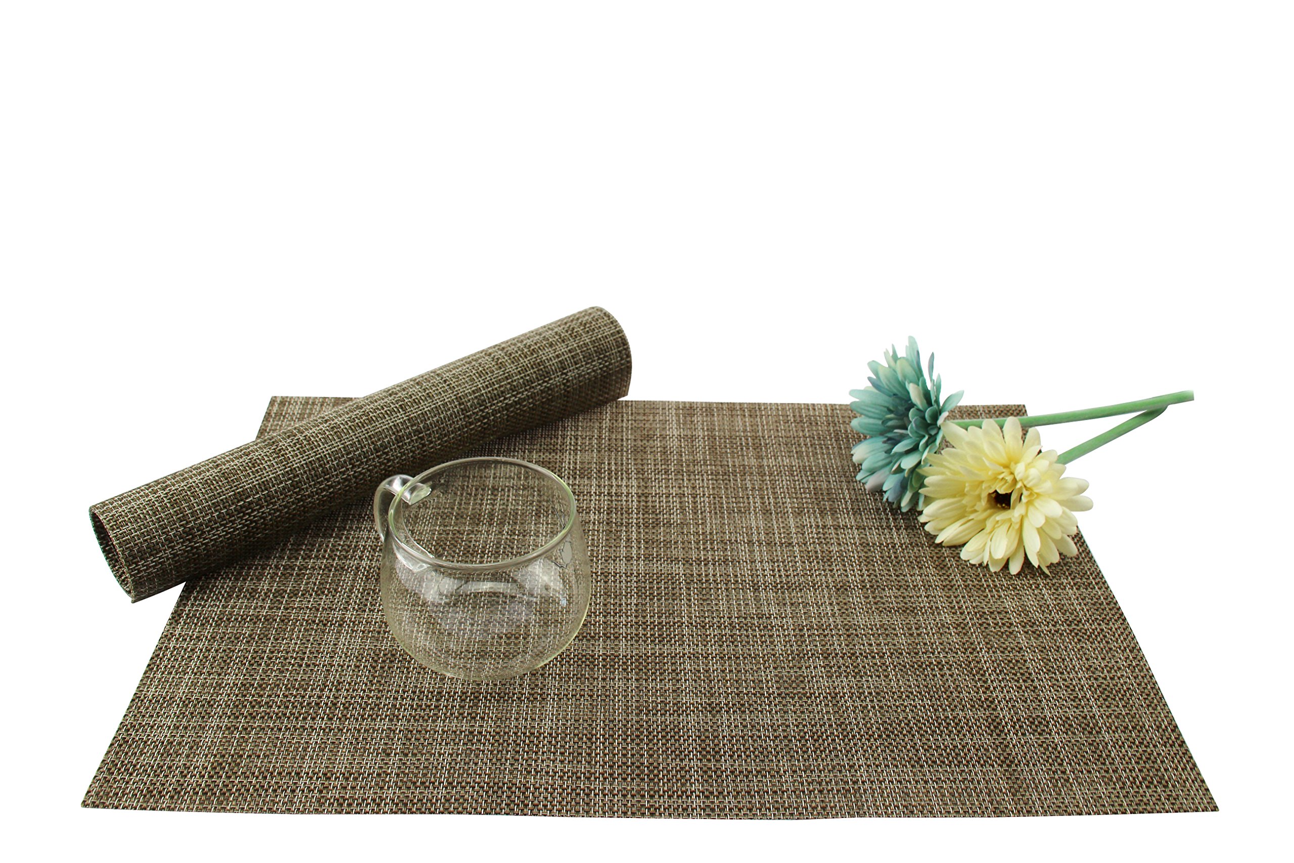 GEFEII Non-Slip Heat-Resistant PVC Woven Vinyl Placemats Set of 6 - Stain Proof, Washable Dining Table Mats for Kitchen & Home Decor (Brown) | Perfect for Everyday Meals, Dinner Parties & Holiday Gatherings