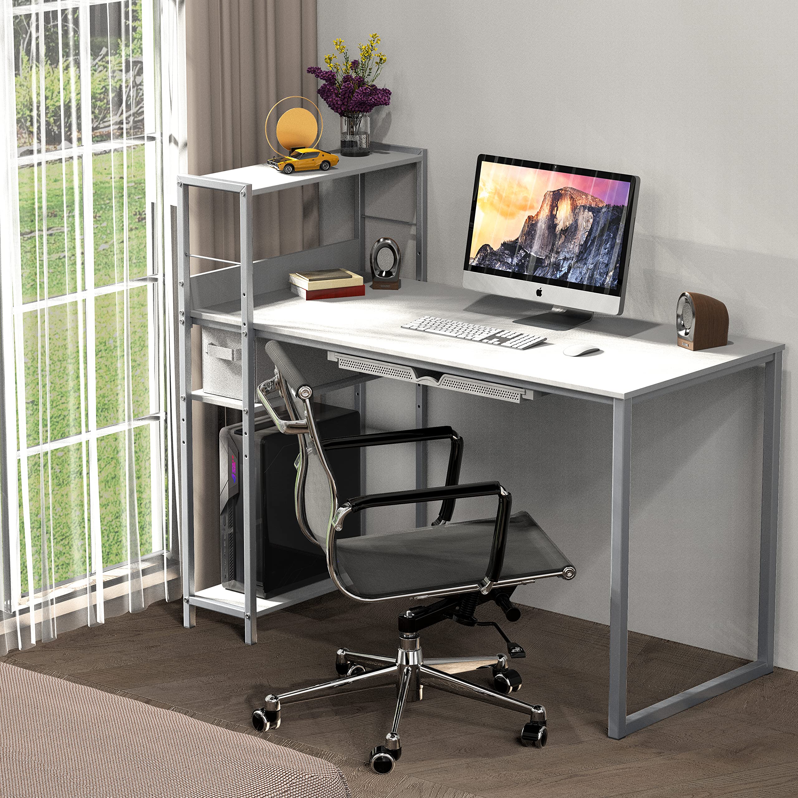 SHW Mission 46-Inch Home Office Computer Desk with Side Shelf and Drawer - White - Perfect for Small Spaces, Remote Work & Study