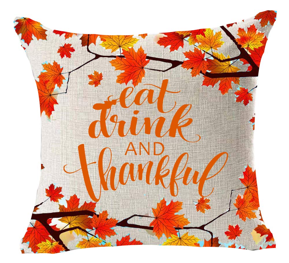 Autumn Thanksgiving Decorative Throw Pillow Cover - 18x18 Inch Orange 'Eat Drink & Thankful' Maple Leaves Quote Cotton Linen Sofa Cushion Case | Perfect for Fall Home Decor, Living Room Accents & Cozy Thanksgiving Gatherings
