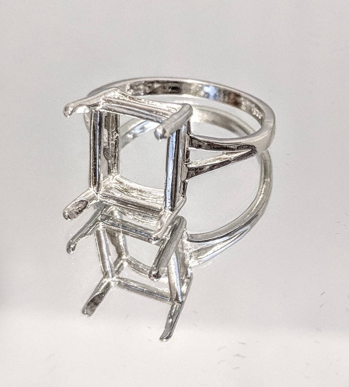 Sterling Silver 9x7mm Emerald Cut Blank Ring with Notched Shank - Size 5,6,7,8 - Jewelry Making Supplies for DIY Engagement Rings & Wedding Bands