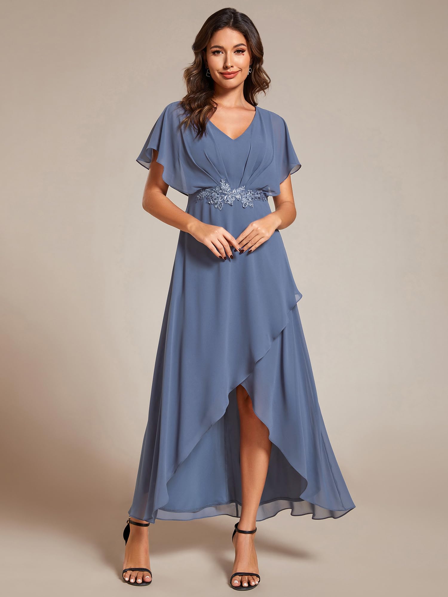 Ever-Pretty Women's A-Line V-Neck Applique Waist Tea-Length Formal Dress 02027 - Perfect for Wedding Guest, Cocktail Party, and Special Occasions