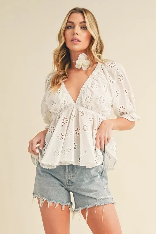 Aemi + Co Eyelet Embroidered V Neck Peplum Blouse for Women - Floral Lace Summer Tops - Perfect for Office, Date Night & Special Occasions