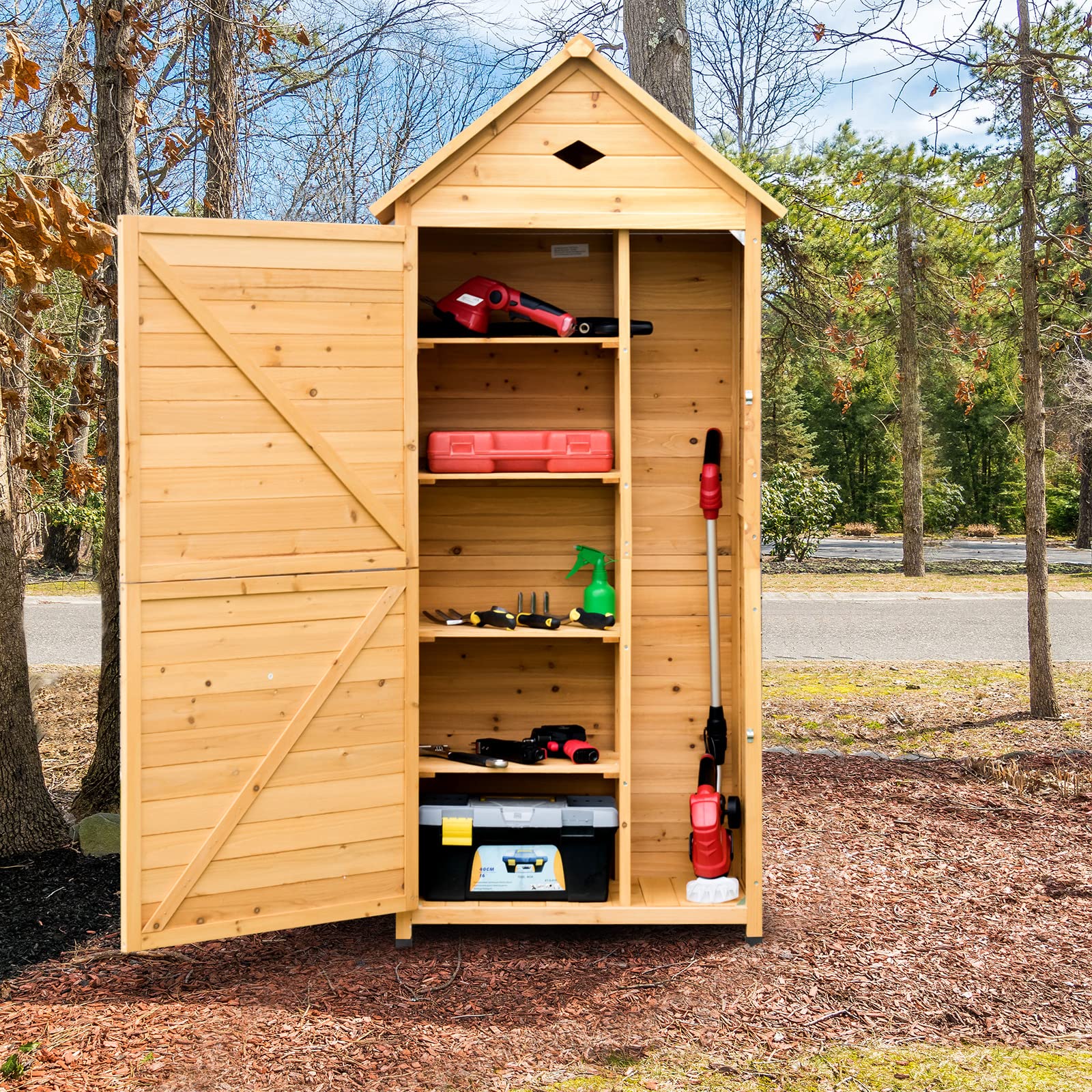Goplus Wooden Storage Shed - Fir Wood Outdoor Cabinet for Garden, Patio & Yard - Natural Finish - Perfect for Storing Tools, Cushions & Outdoor Equipment