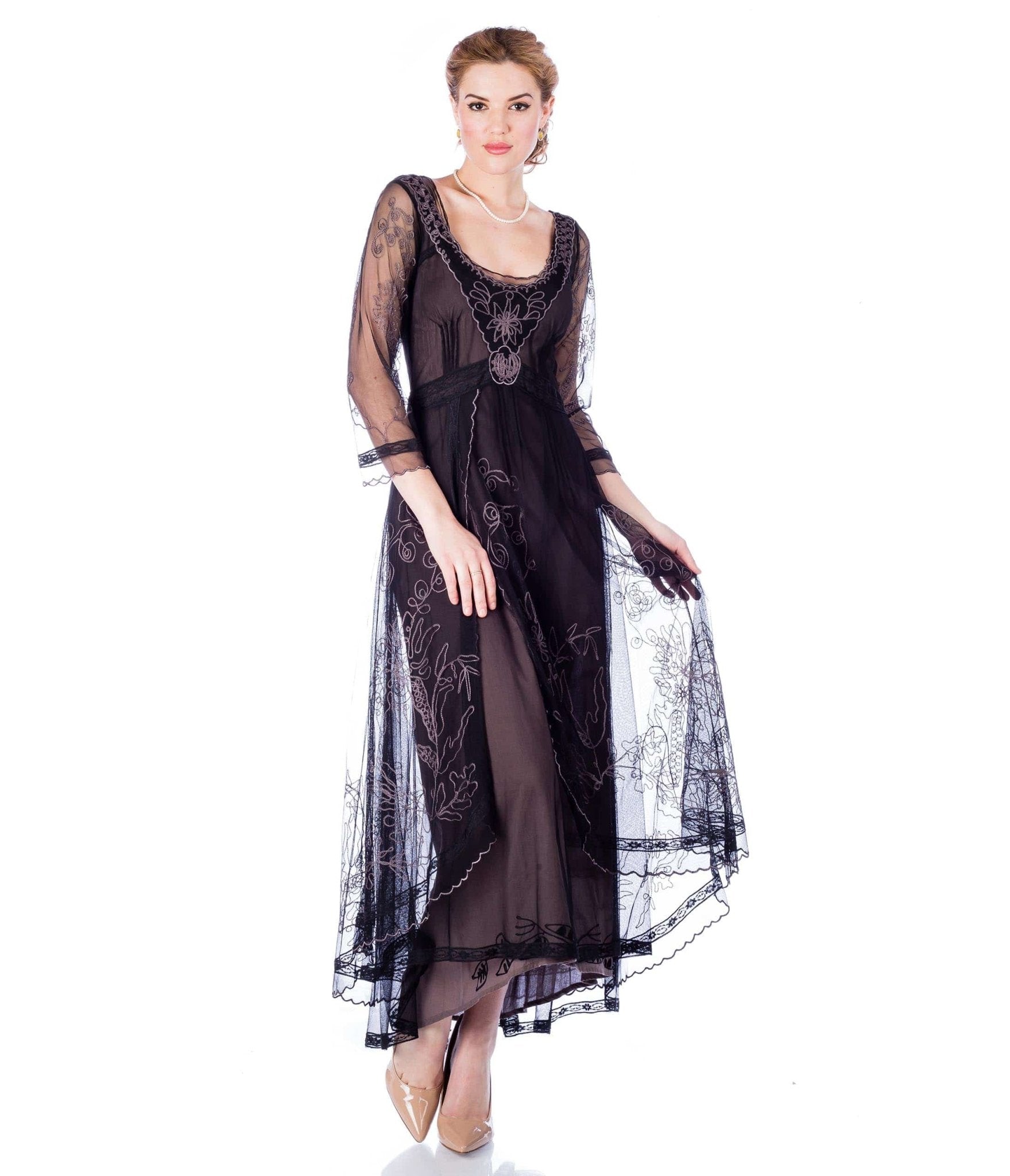 Nataya Black Embroidered Tulle Downton Abbey Edwardian Tea Party Dress - Vintage Inspired Formal Gown for Costume Parties, Weddings & Special Occasions