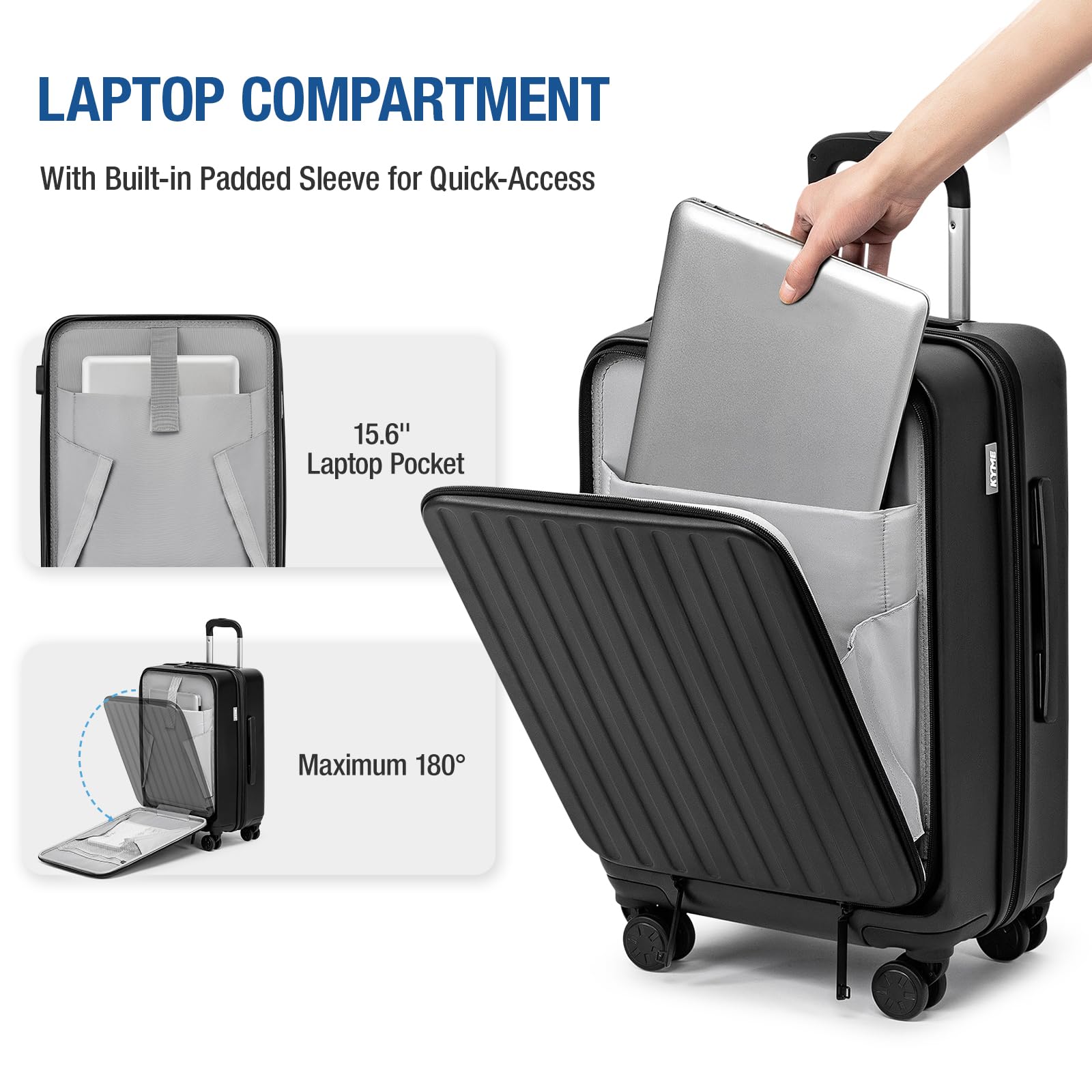 KYME 22-Inch Hardshell Carry-On Luggage with TSA Lock - Lightweight PC Suitcase for Men & Women, Spinner Wheels & Laptop Compartment - Perfect for Business Travel & Weekend Getaways (Black)