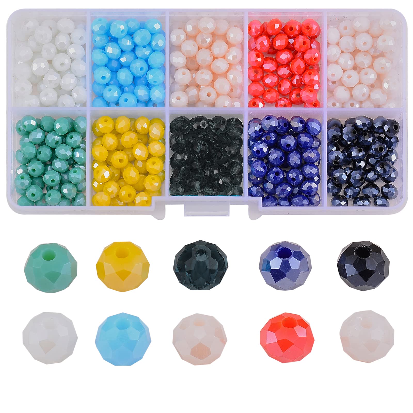 Ornaland 6mm Briolette Faceted Crystal Glass Beads - Opaque Rondelle Spacer Beads Assortment with 10-Compartment Storage Box for DIY Jewelry Making, Bracelets, Necklaces & Craft Projects