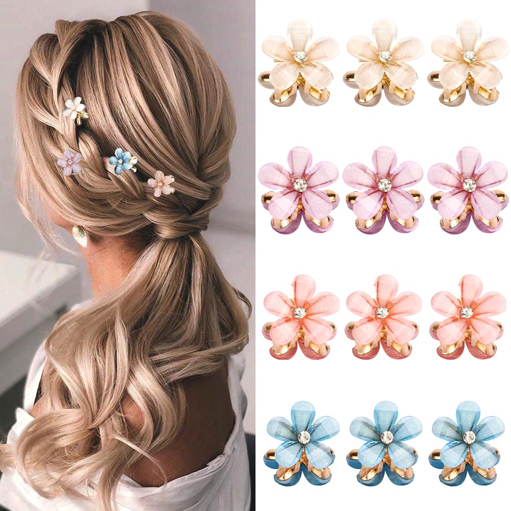AHONEY 12Pcs Small Crystal Mini Flower Hair Clips & Barrettes for Fine Hair - 4 Elegant Colors | Perfect for Weddings, Parties & Everyday Hair Accessories