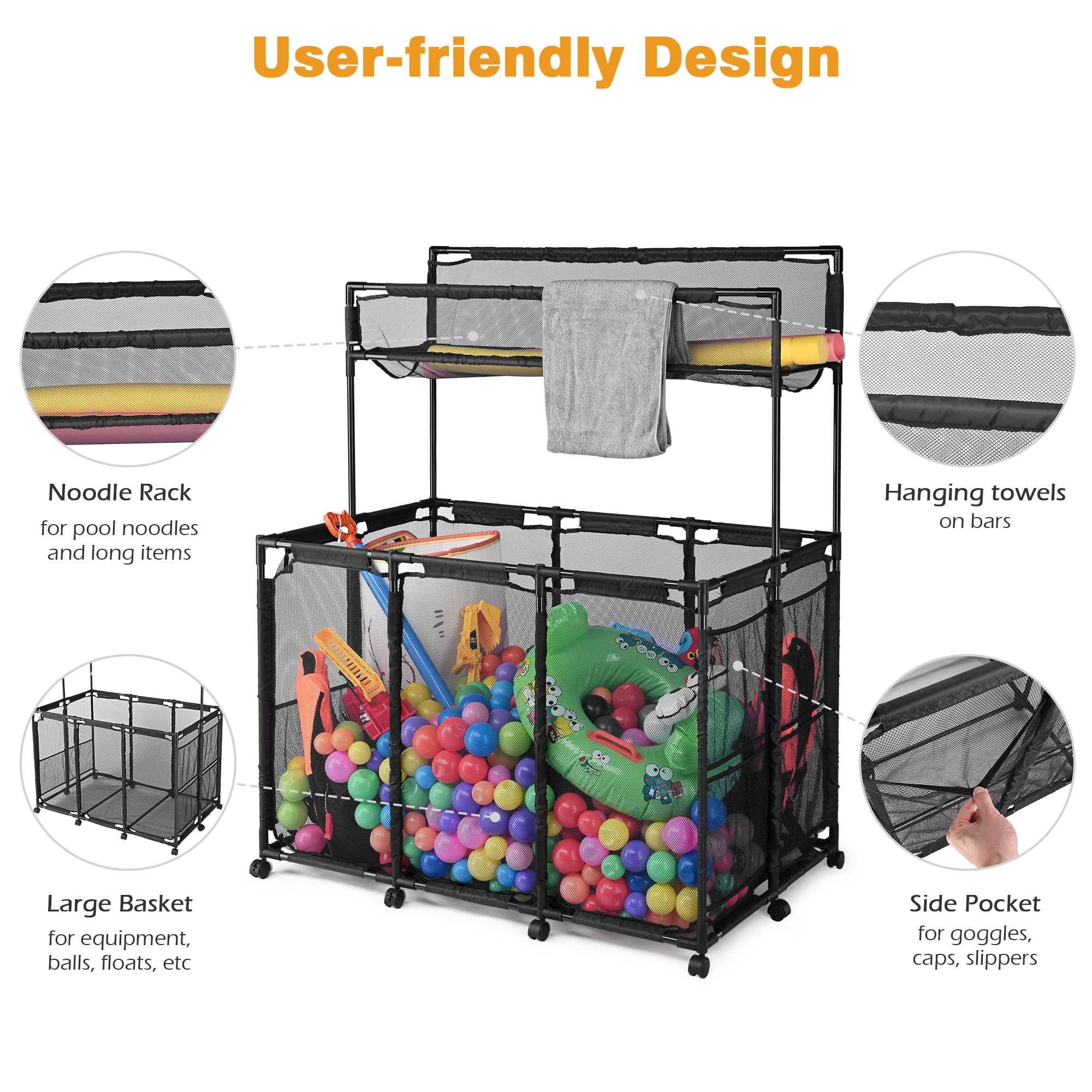 Yescom Heavy-Duty 10-Wheel Rolling Mesh Pool Storage Bin - XXL Double Decker with Noodle Holder, Pool Float Organizer - Upgraded Sturdy Connectors, 49