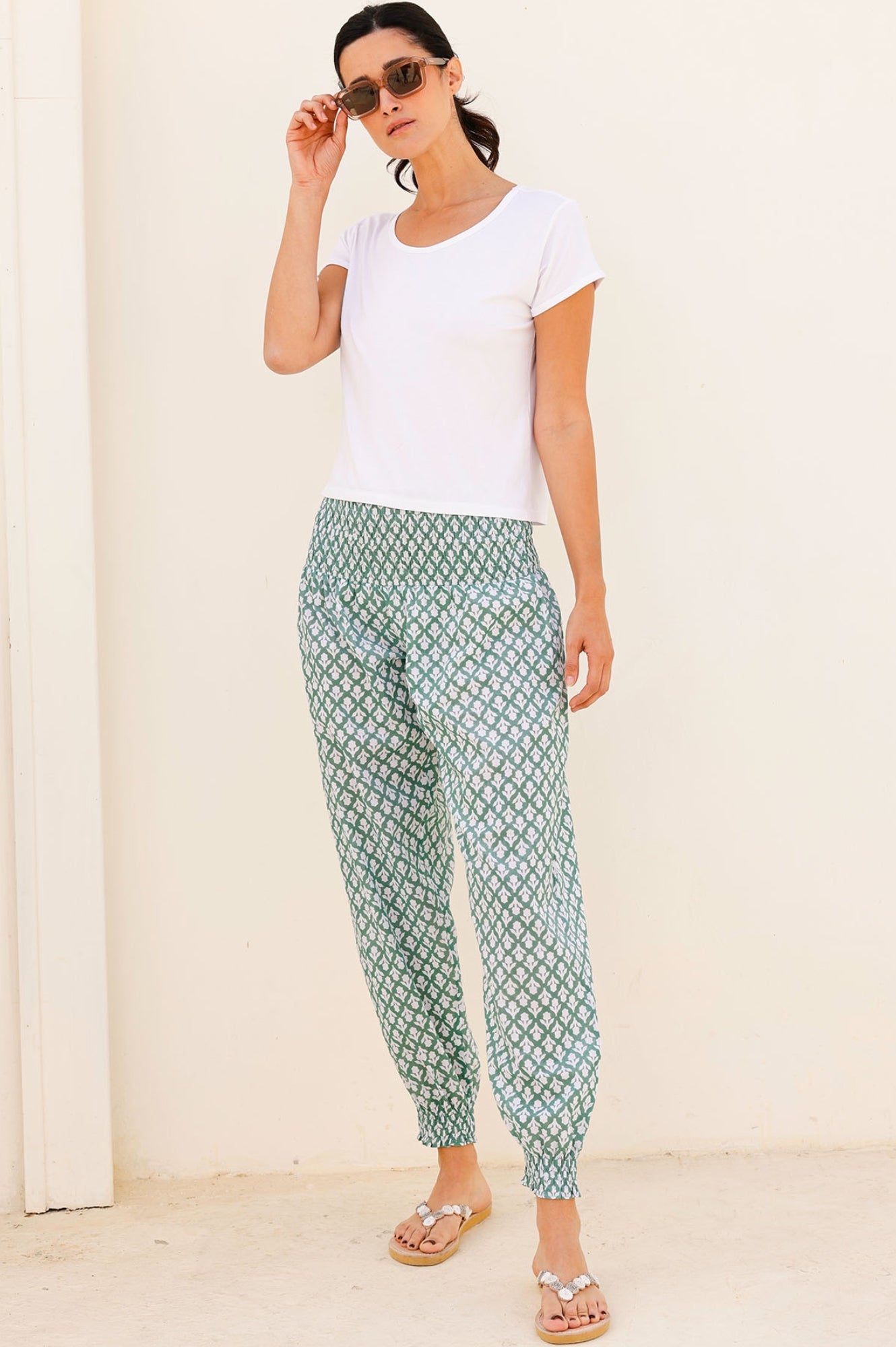 Organic Cotton Harem Pants with Floral Print - Sage Green & White - Comfortable Loungewear for Yoga, Travel, and Relaxation