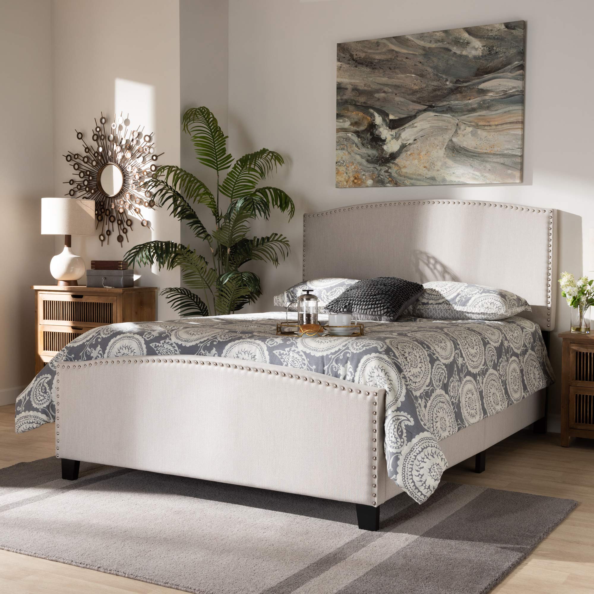 Baxton Studio King Size Panel Bed Frame - Beige & Black Upholstered Platform Bed for Modern Bedrooms | Perfect for Master Bedroom, Guest Room & Apartment