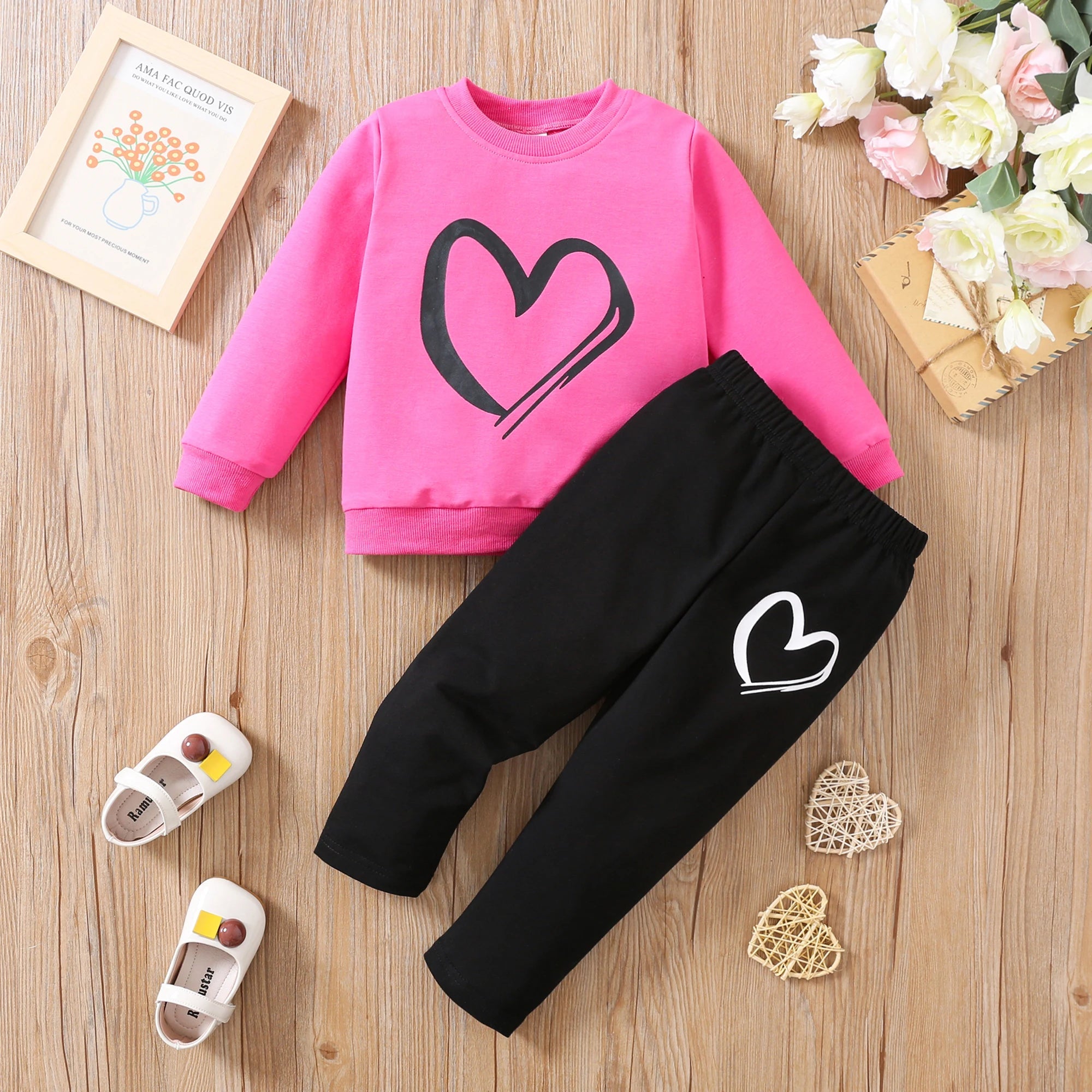 Girls' Long Sleeve Love Print Blouse & Cotton Pants Set - Valentine's Day Kids Fashion Outfit for Autumn | Casual Wear for School, Playdates & Family Photos