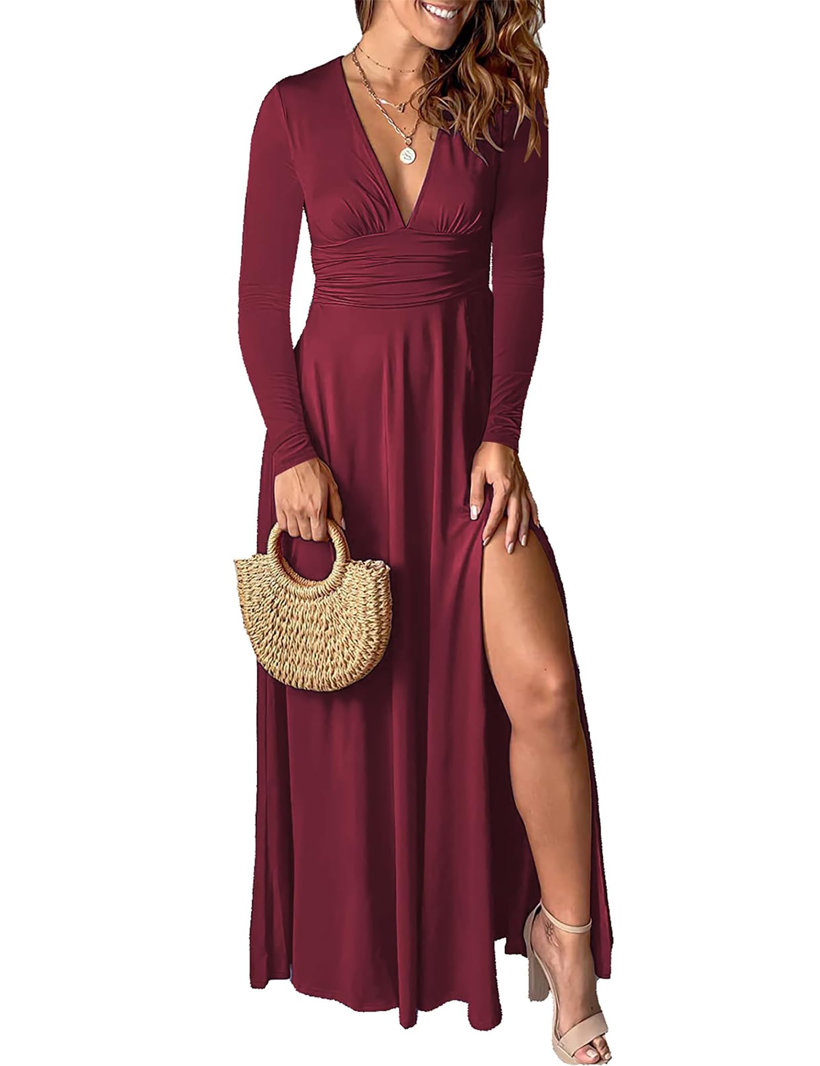 SDEER Women's Long Sleeve V-Neck High Waist Maxi Dress with Slit - Elegant Sexy Party Club Dress for Night Out, Date Night, Wedding Guest or Special Occasions