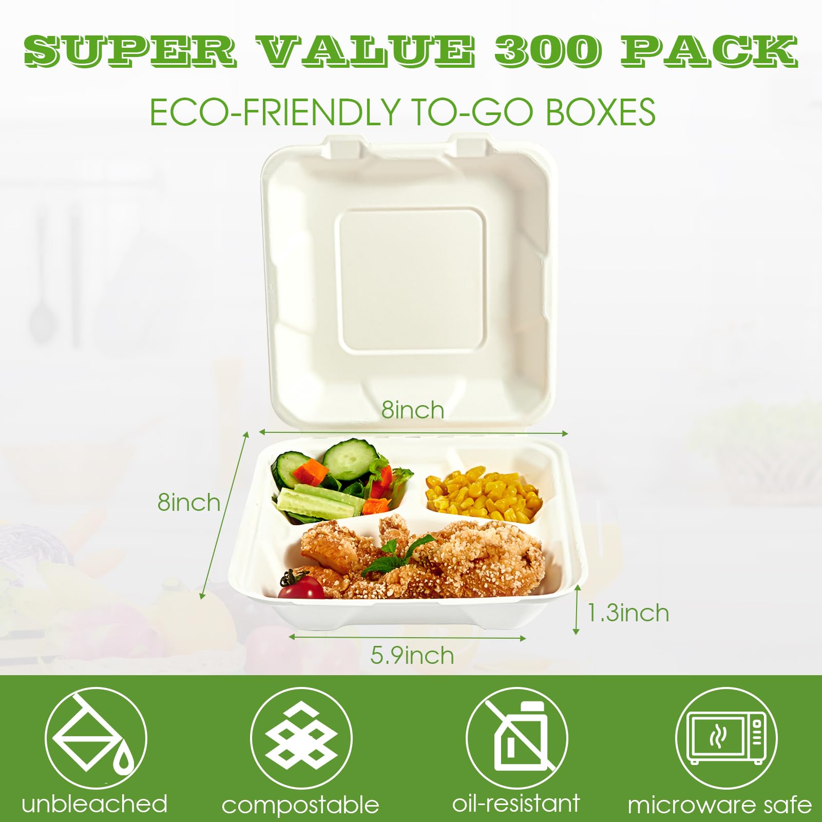 Vplus 300 Pack 100% Compostable 8x8 Inch 3-Compartment Clamshell Takeout Food Containers | Eco-Friendly Disposable Bagasse To-Go Boxes for Restaurant, Catering, Meal Prep & Leftovers | Perfect for Next Day Lunch, Potluck Parties & Picnics