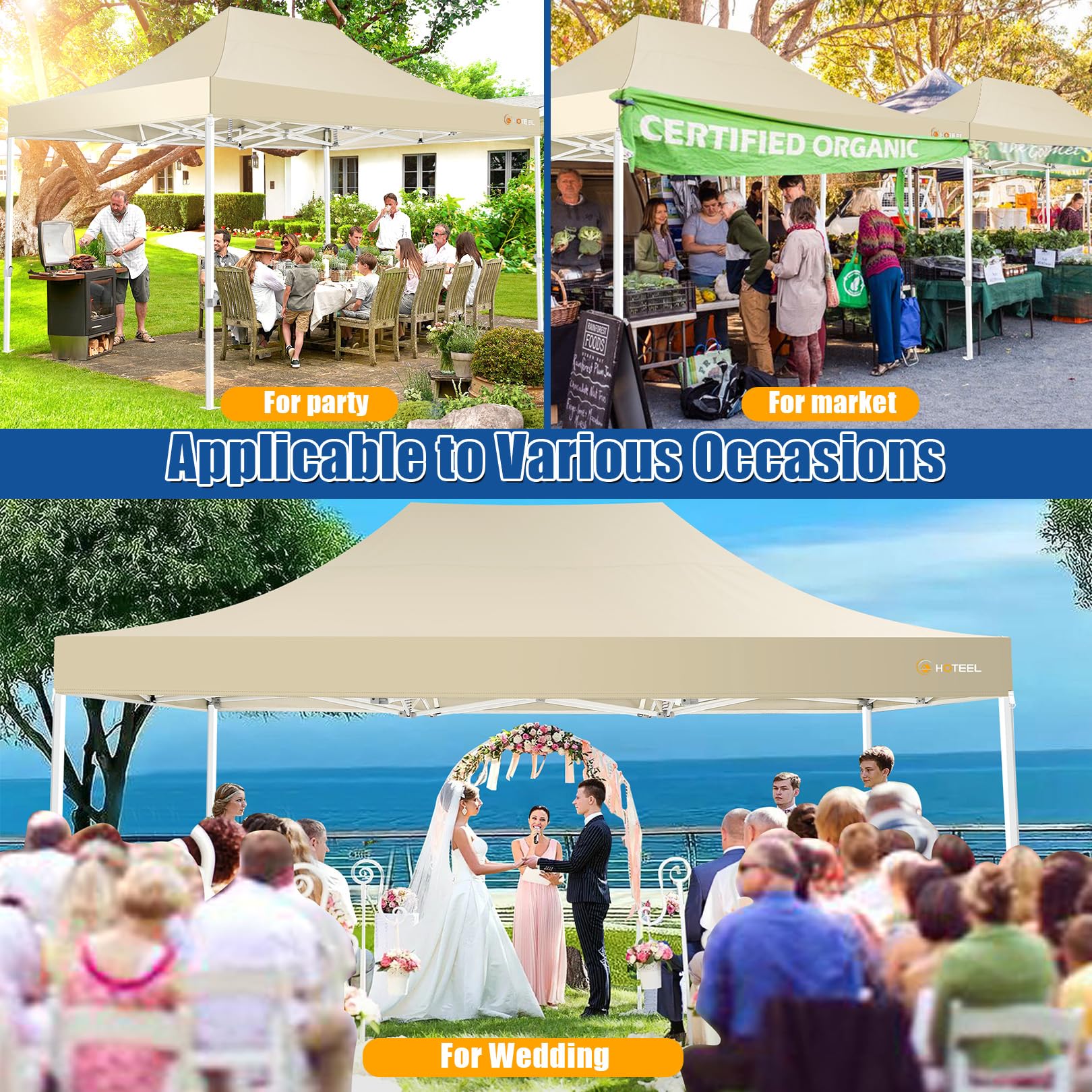 HOTEEL 10x15 Pop Up Canopy Tent - Heavy Duty Hexagonal Frame Gazebo for Outdoor Events, Weddings & Commercial Use | Easy Setup with Roller Bag & Sand Bags | Perfect for Parties, Picnics, Markets & Beach (Khaki)