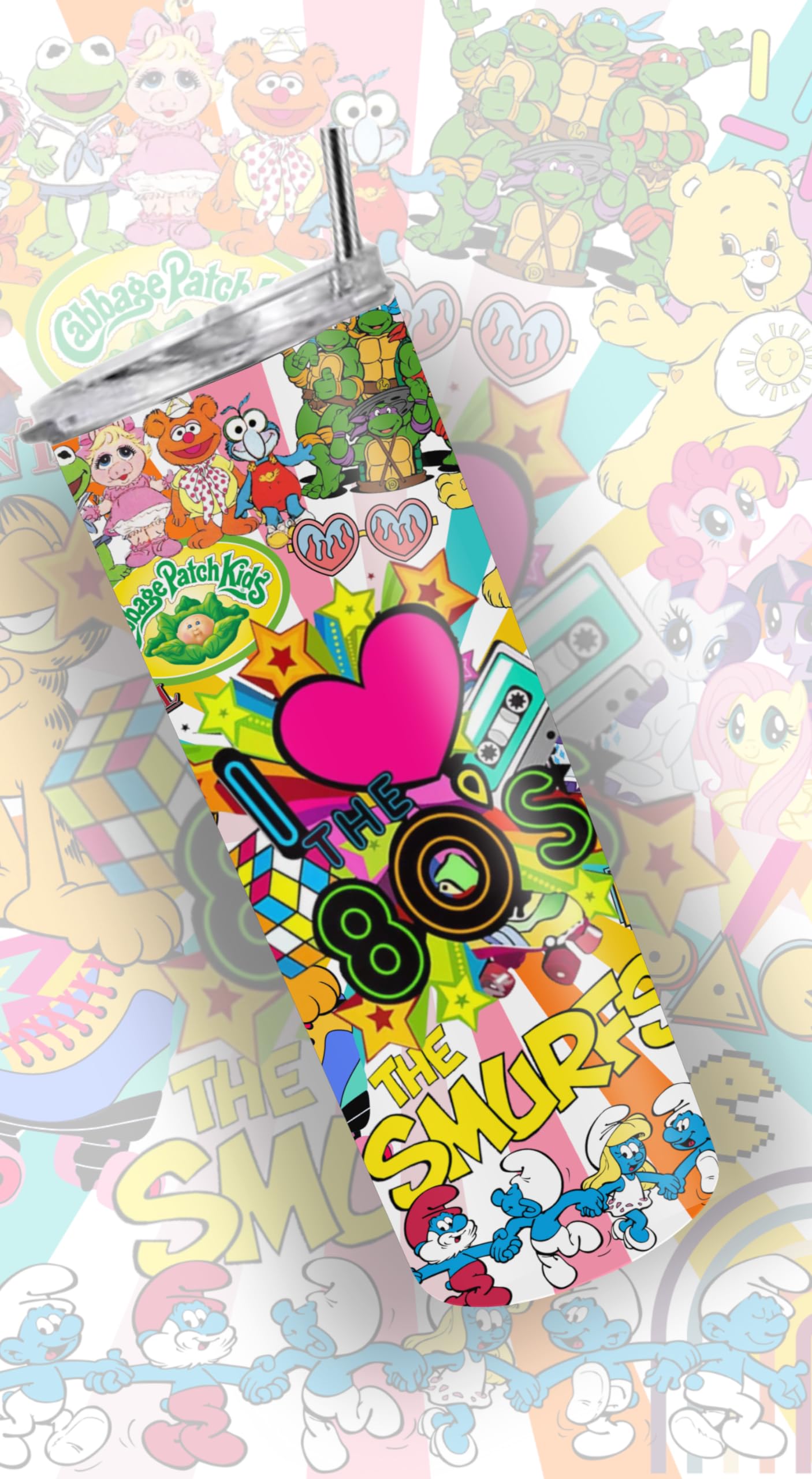 80's Retro Cartoon Tumbler - 20oz Skinny Vintage Classic Insulated Cup for Coffee & Cold Drinks - Perfect for Office, Travel & 80s Theme Parties