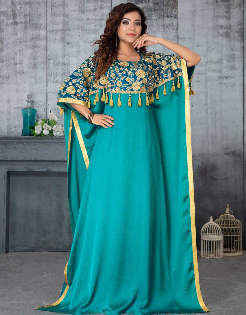 Exquisite Golden Embroidery Arabic Moroccan Kaftan - Elegant Long Dress for Women | Perfect for Weddings, Parties & Special Occasions