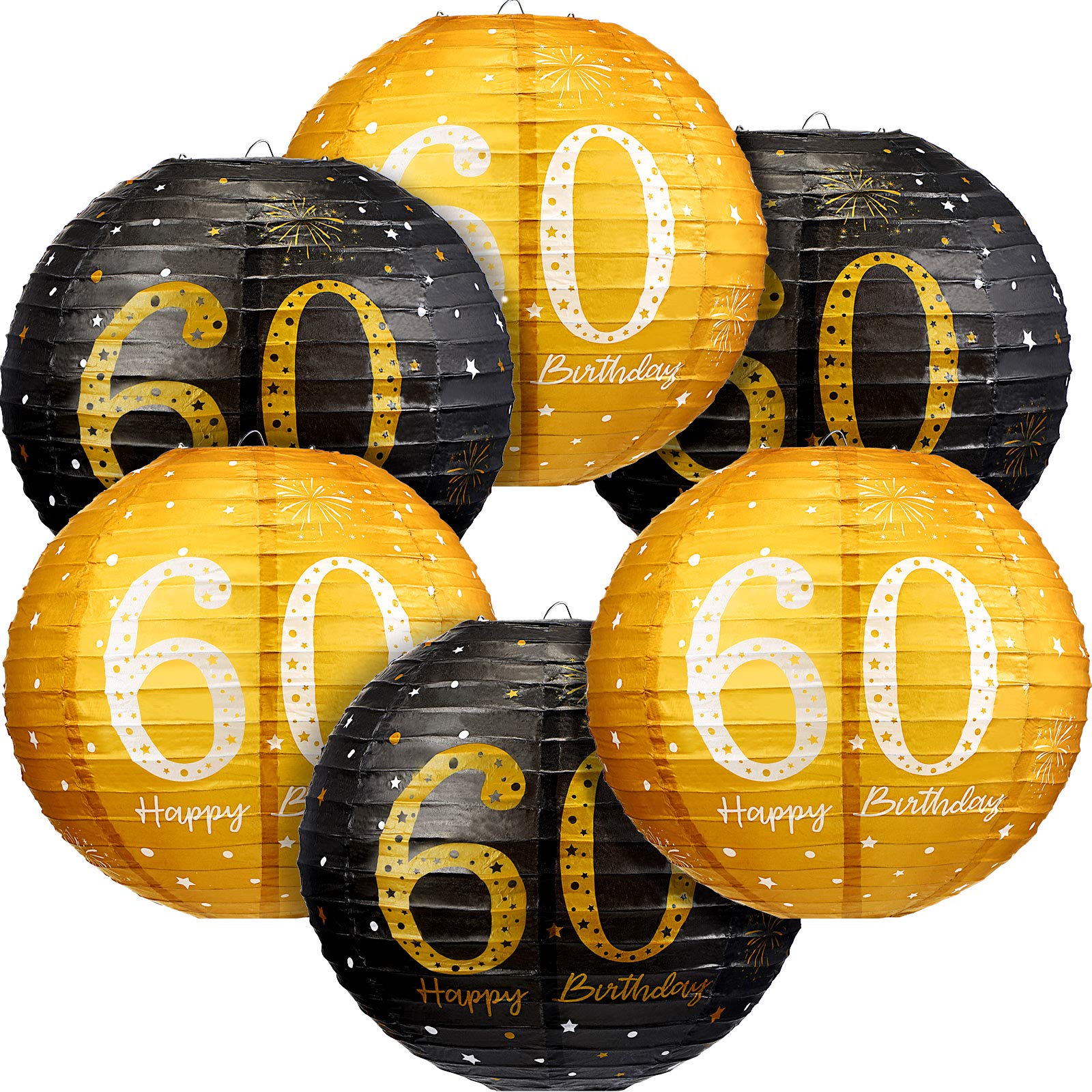6 Pack Black Gold Glitter Hanging Paper Lanterns - Birthday Party Decorations for Men, Women, Teens - 60th Anniversary Party Supplies - Perfect for Indoor/Outdoor Celebrations, Baby Showers & Graduations