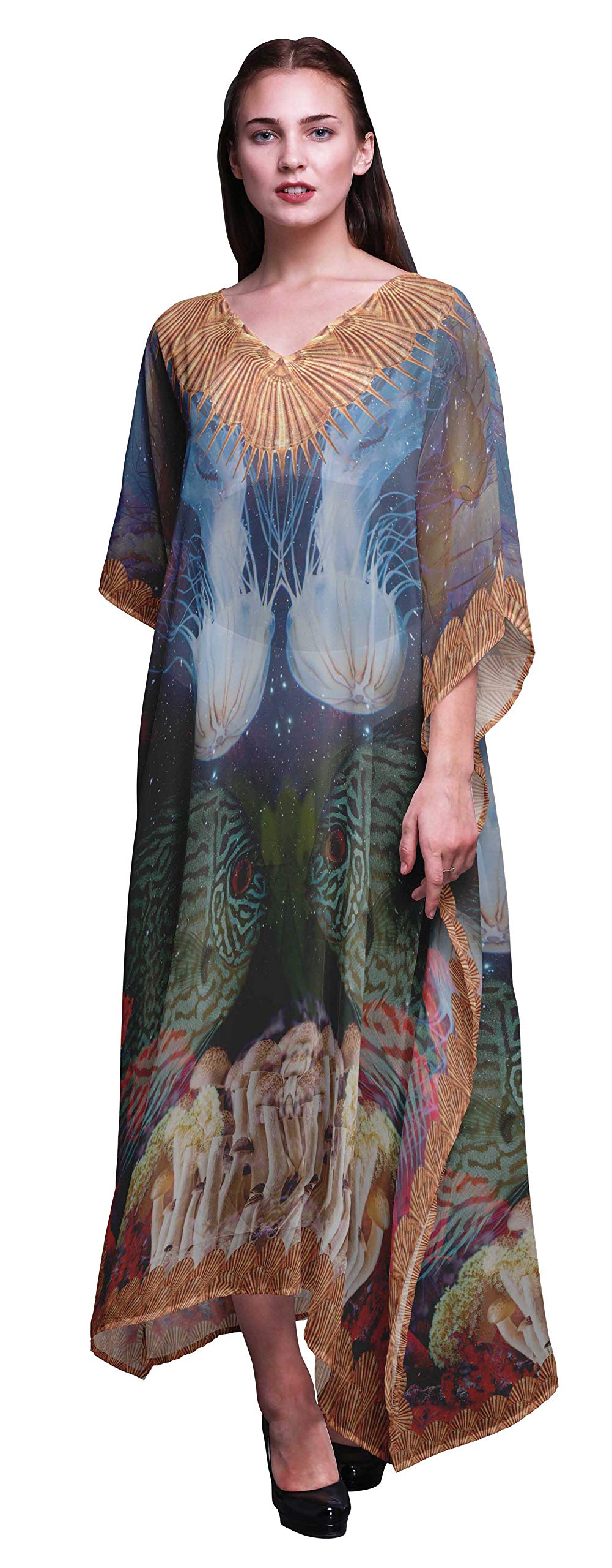 Stylish Clown Fish & Shell Print Ocean Beach Kaftan - Women's Bikini Cover Up Maxi Dress for Summer Vacations & Poolside Lounging