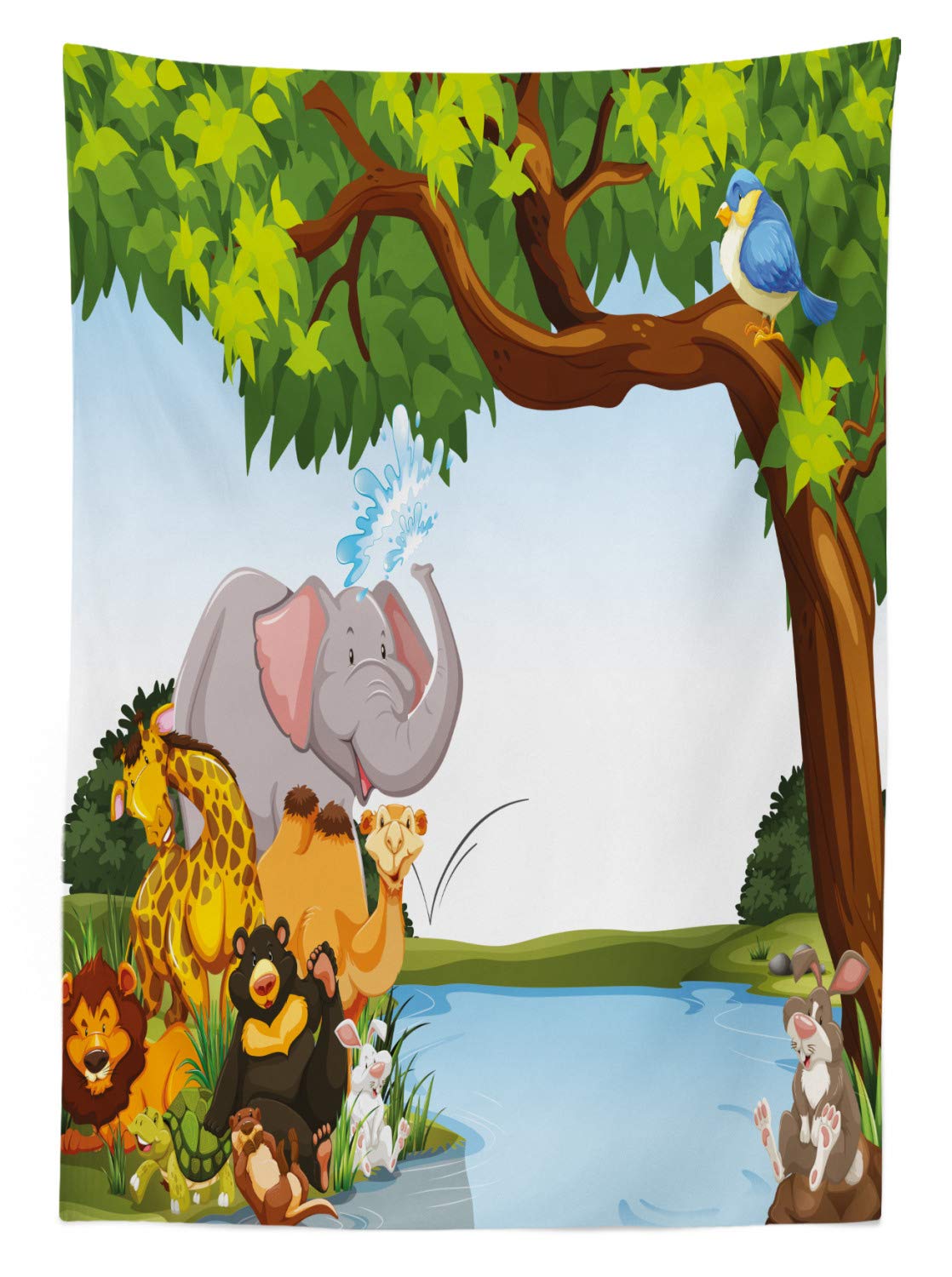 Ambesonne Cartoon Animal Tablecloth - Waterproof Washable Picnic Table Cover 58x104 Inches, Funny Wildlife Design with Birds & River Scene - Perfect for Outdoor Dining, BBQs, and Park Parties