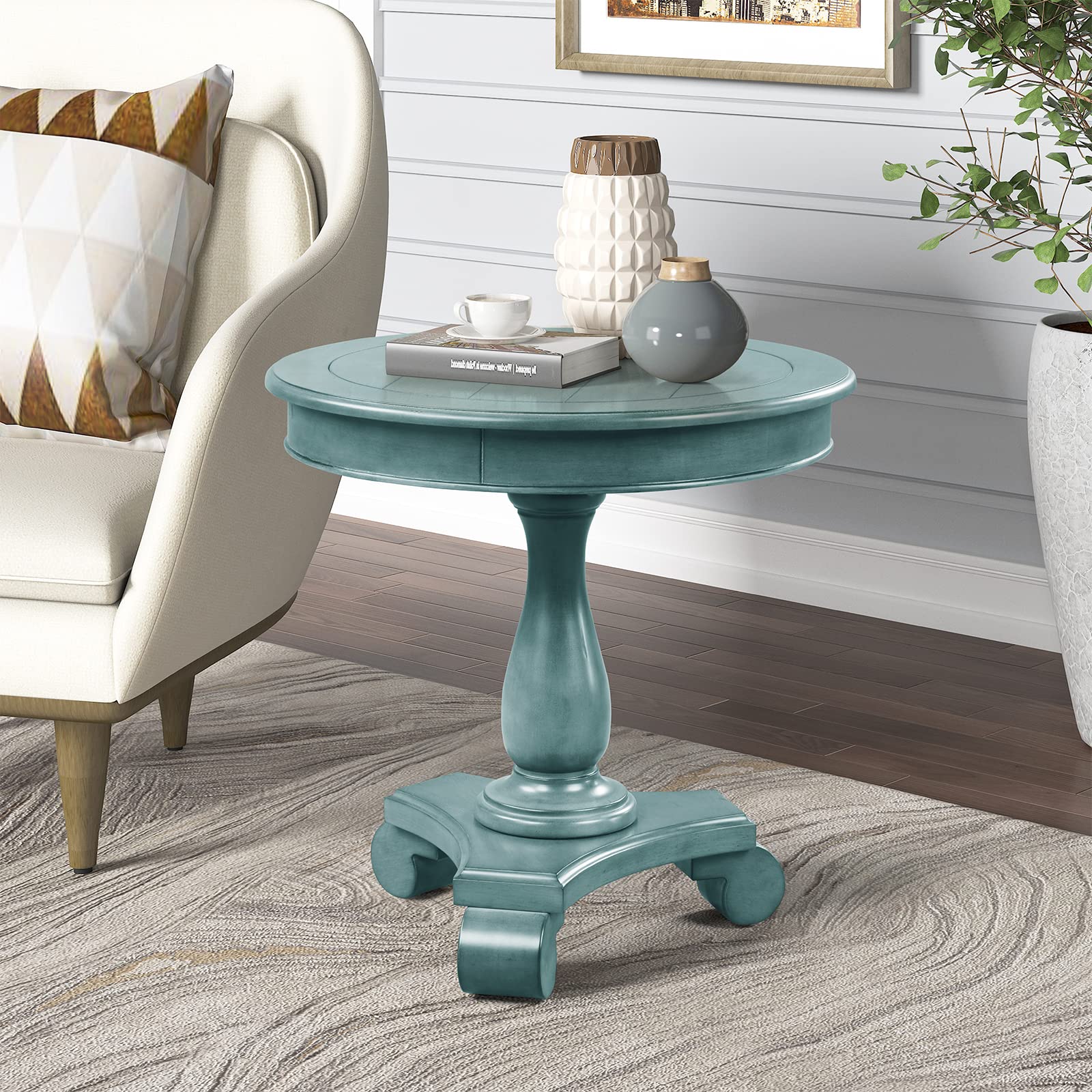 Vintage Teal Round Pedestal End Table - 26