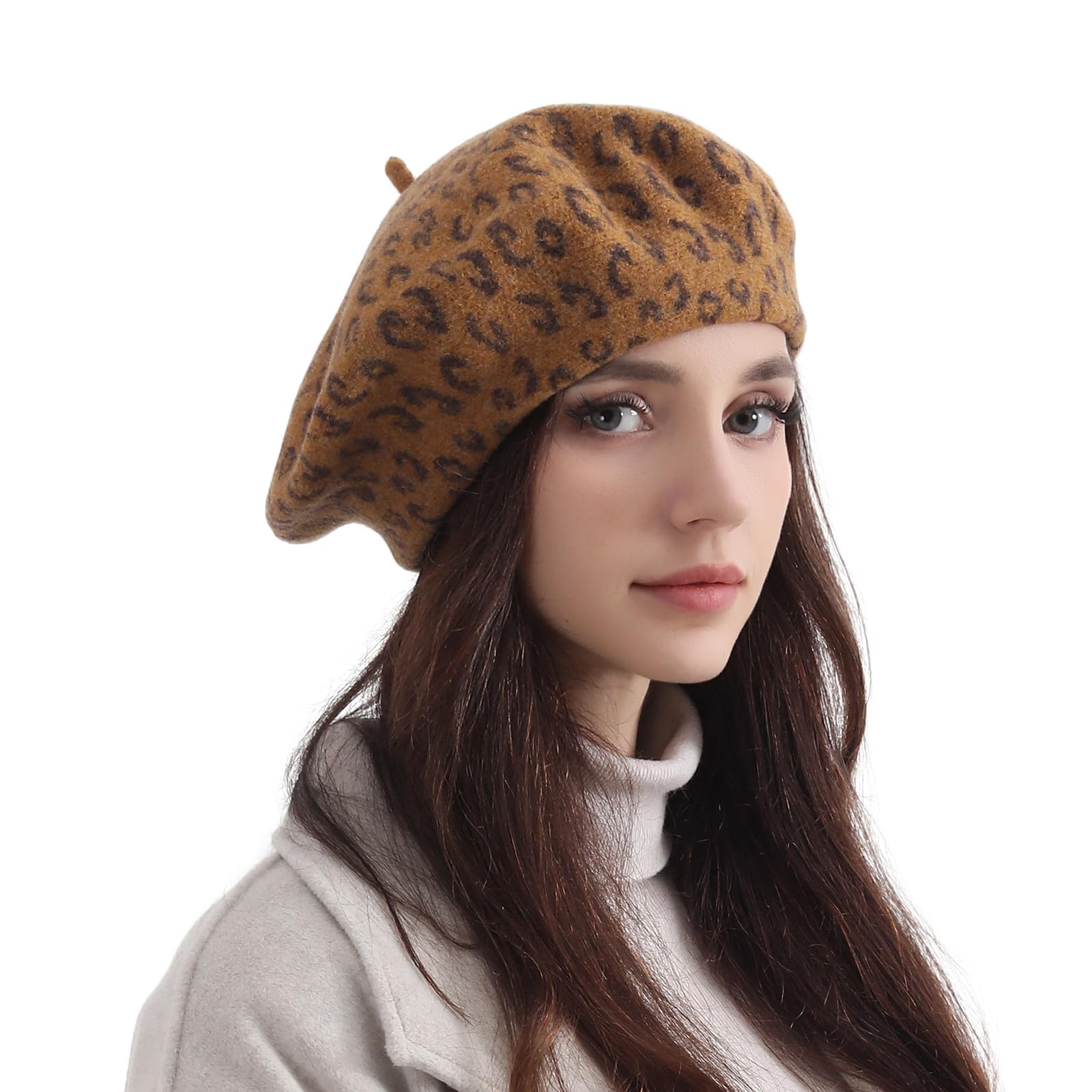 Classic Wool Leopard Print Beret Hat for Women & Men - French Painter Style Winter Warm Hat for Fashion & Outdoor Activities